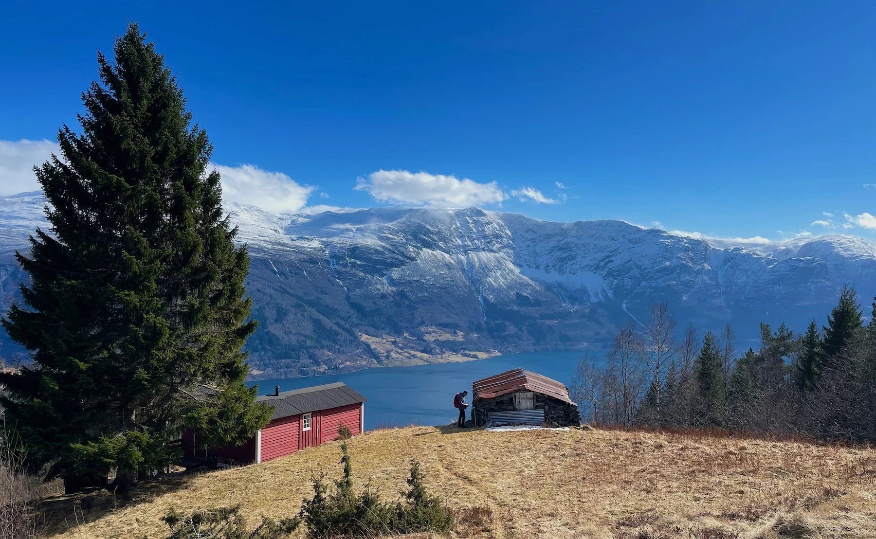 Stølen Brennesteinane 560 meter over vakre Lustrafjorden