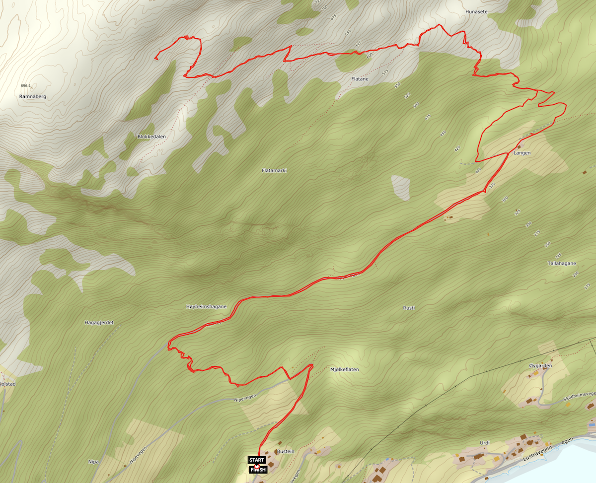 Kart med turløype fra Høyheim til Langen_Hunasete og Blokkedalen