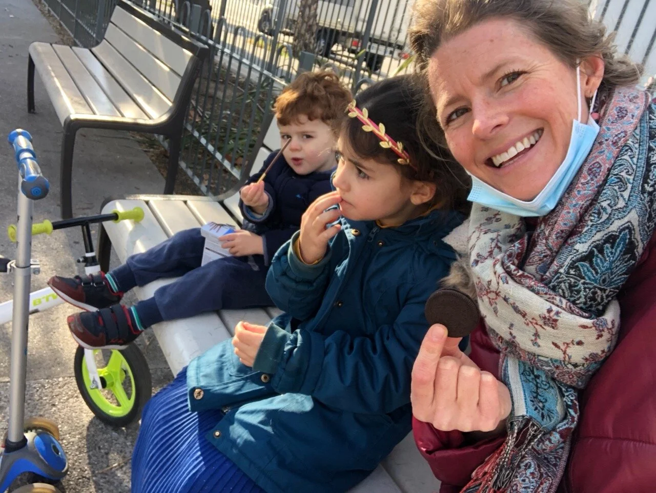 Park bench and oreos.