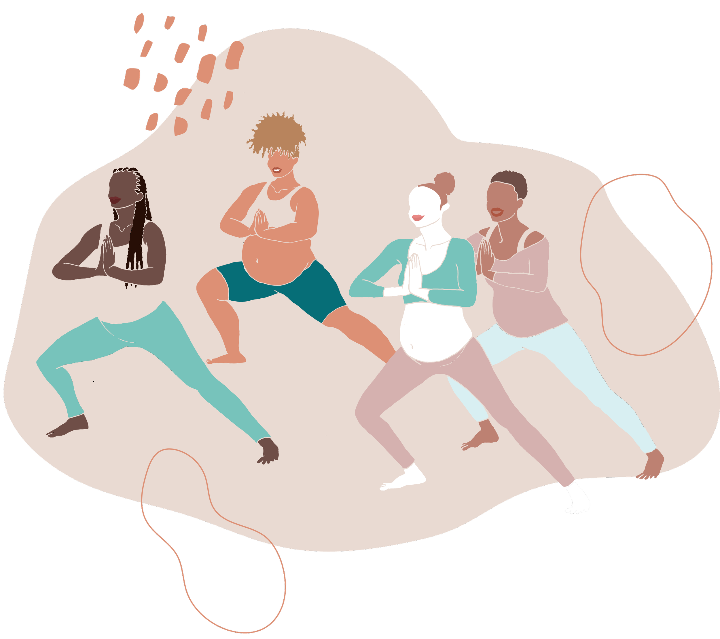 Illustration showing pregnant women doing prenatal yoga.