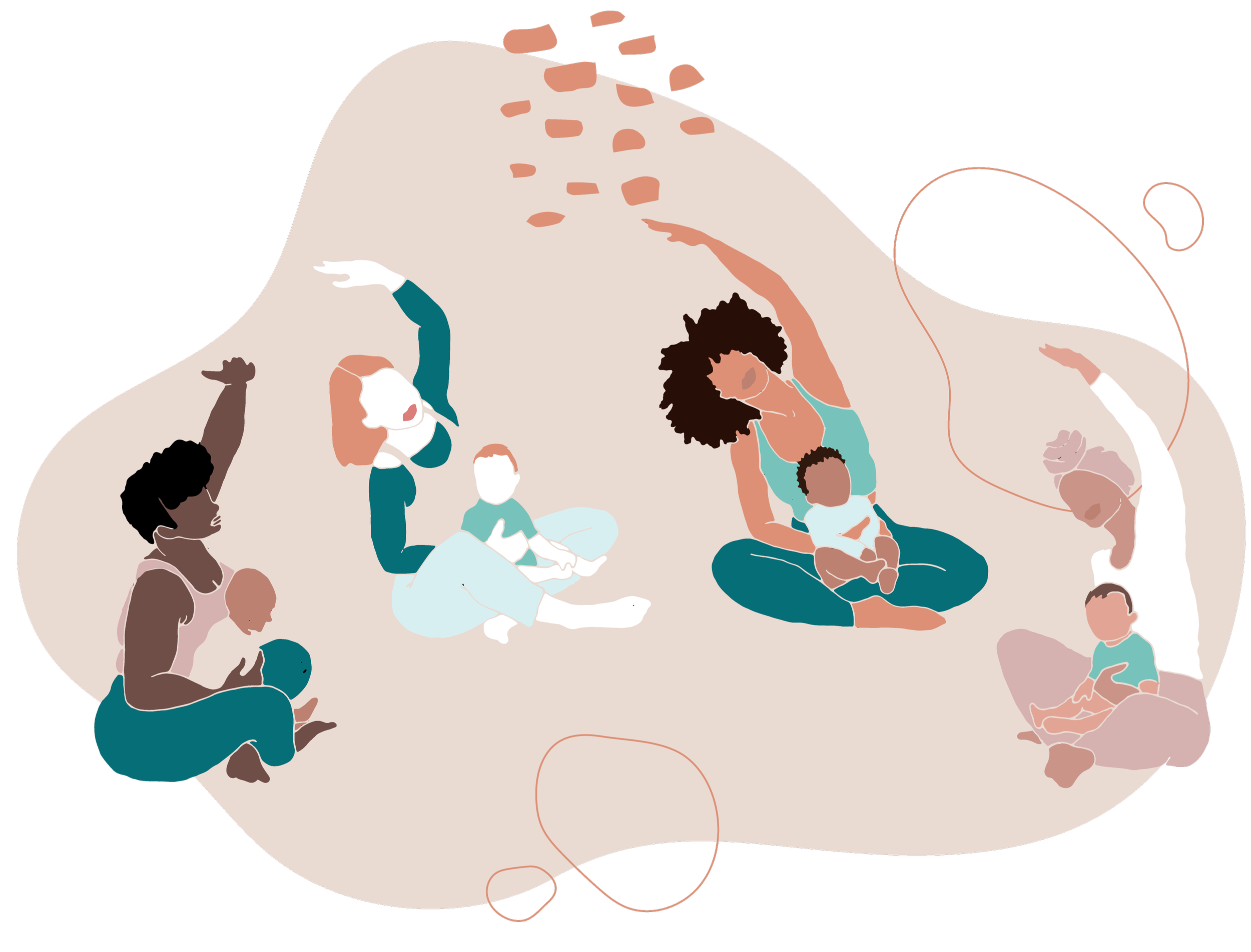 illustration depicting four women sat on the floor with a baby on their lap. They are doing. variation of a side bend pose in a postnatal and baby yoga class