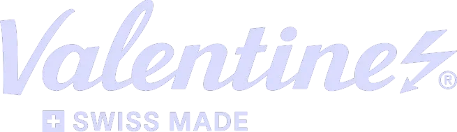 Text in the image reads 'Valentine's Swiss Made' in a cursive and block font with a lightning bolt symbol.
