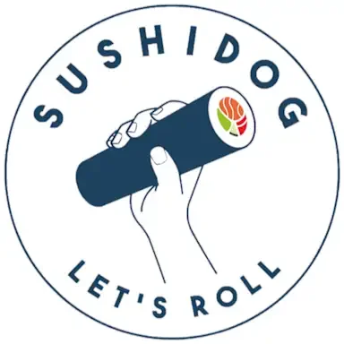 A hand holding a sushi roll with a logo on top, surrounded by the text 'SUSHIDOG LET'S ROLL' in a circular shape.