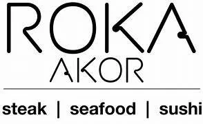 Logo for Roka Akor featuring the restaurant name and menu categories: steak, seafood, sushi.