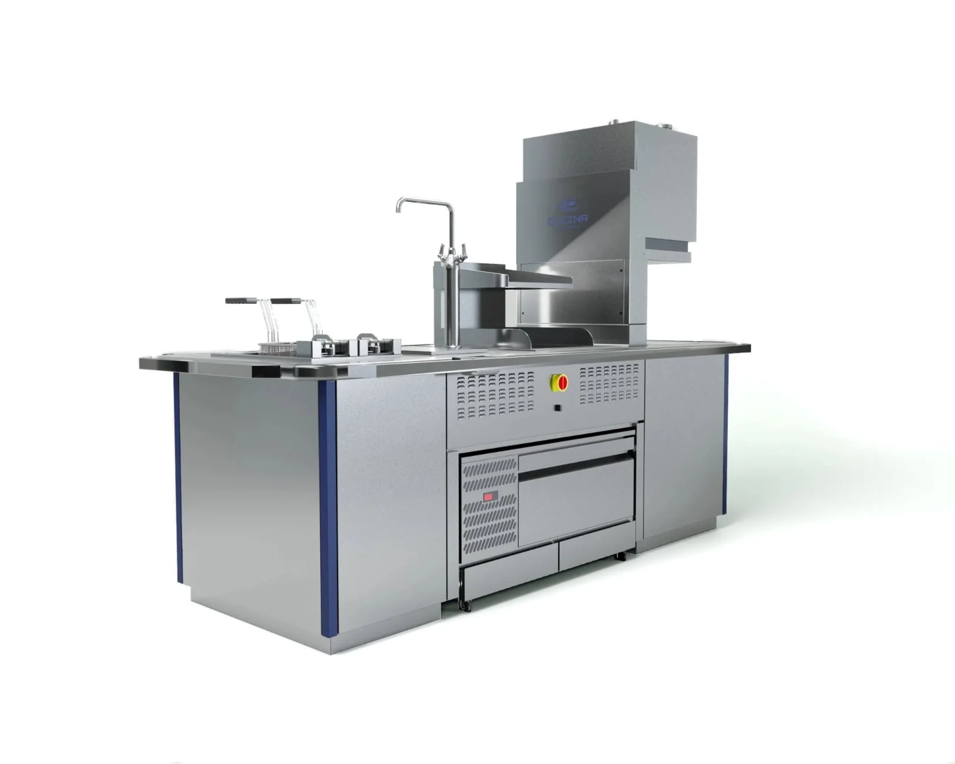 Industrial food processing machine with a sink and water hoses, made of stainless steel with control panels, used in manufacturing or laboratory settings.
