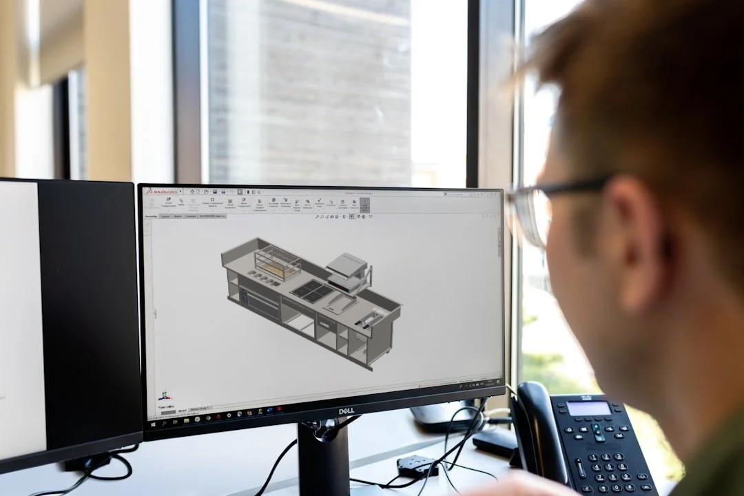Person working on a 3D kitchen design on a computer with a CAD software.