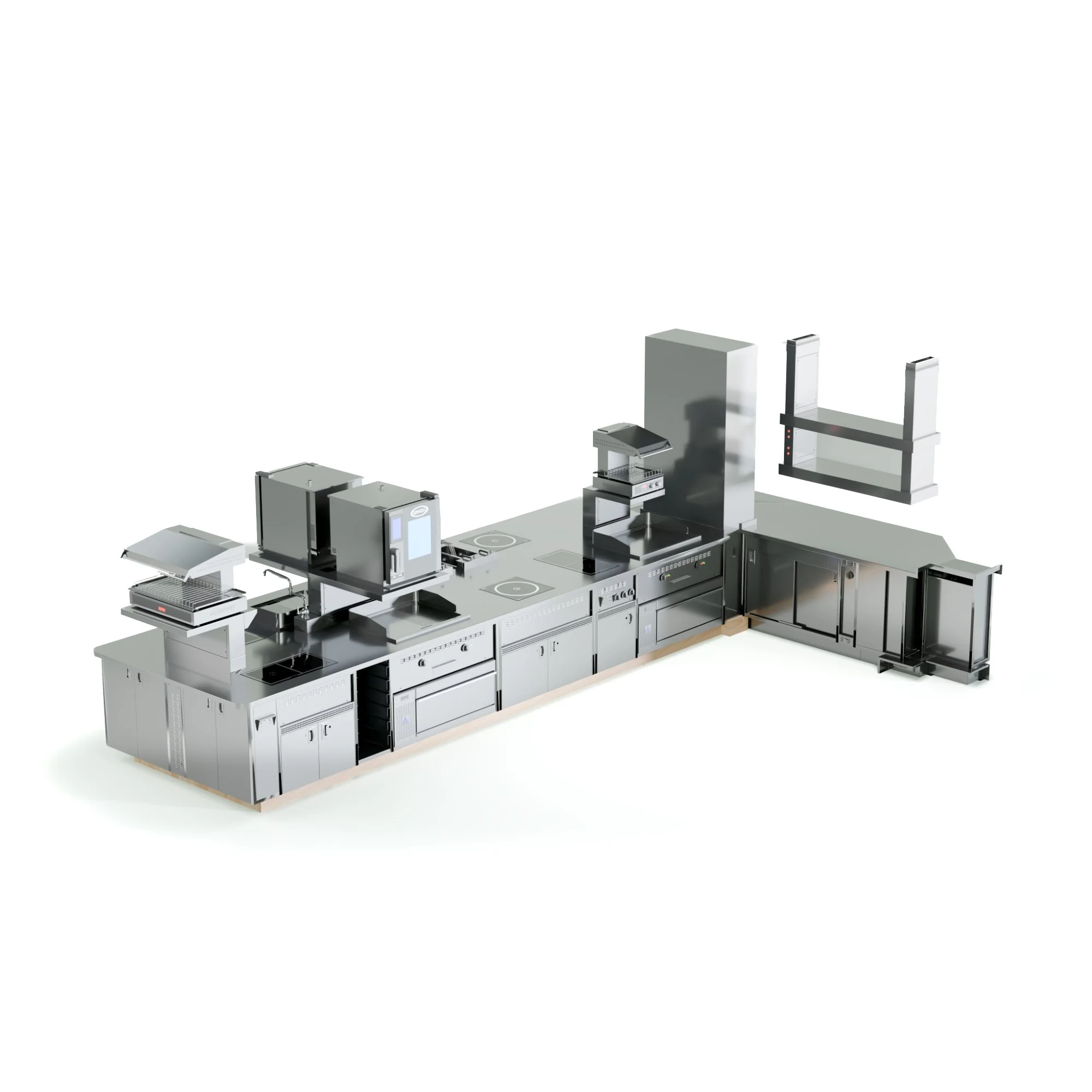 Commercial kitchen with stainless steel appliances and cooking stations.