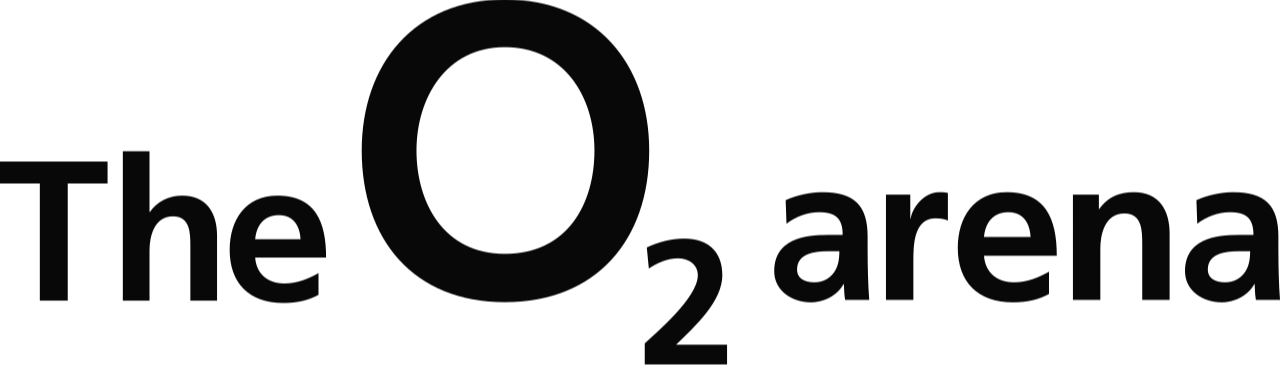 Logo for The O2 arena, featuring large black text with a stylized 'O' and the words 'The' and 'arena'.