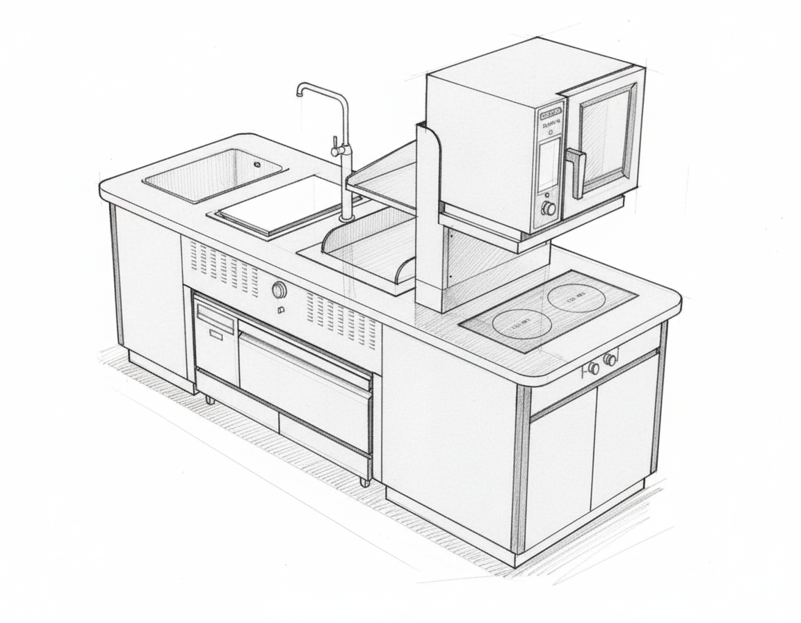 Sketch of a kitchen setup with a sink, stove, microwave, and a countertop