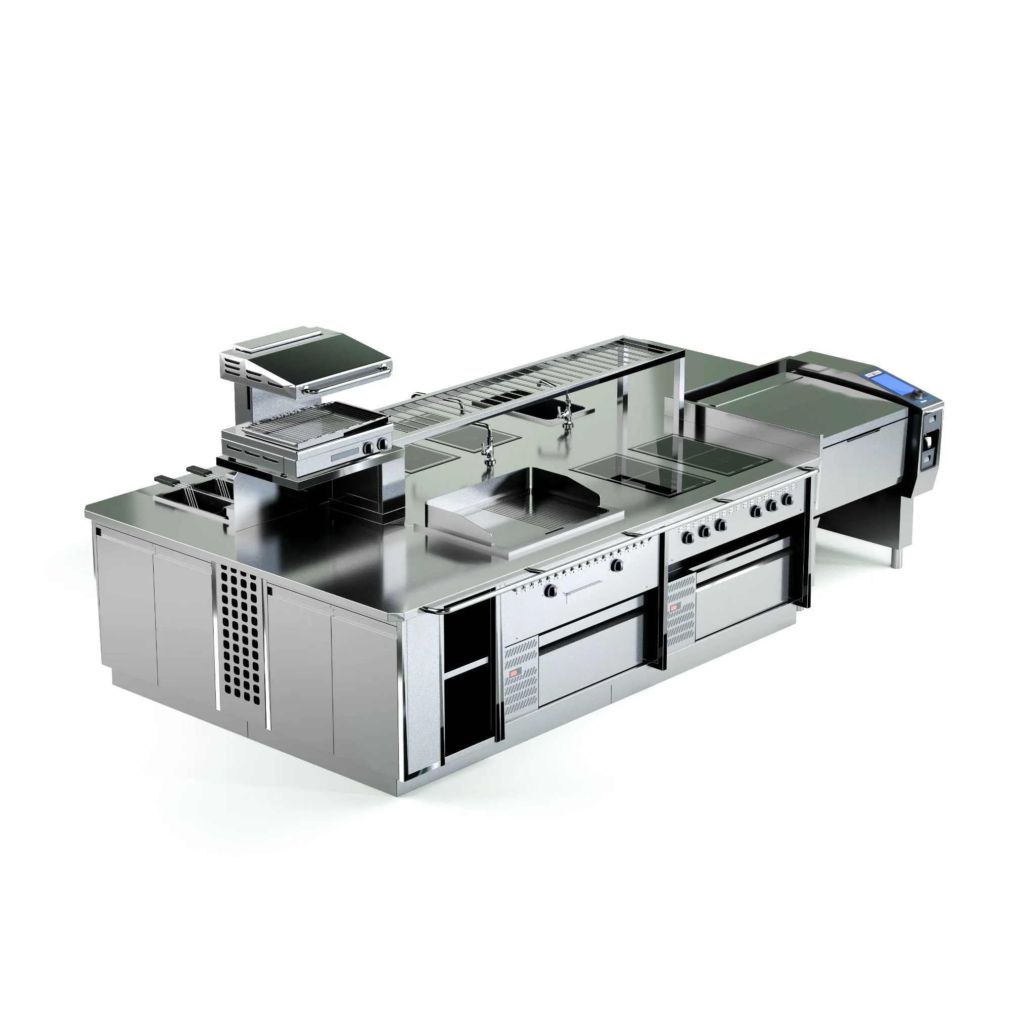 Commercial stainless steel kitchen stove with multiple burners, oven, griddle, and industrial appliances.