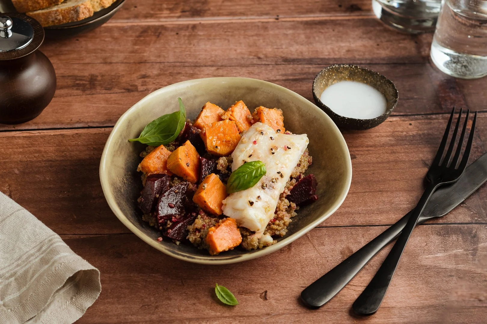 Bowl cabillaud, courge et betterave