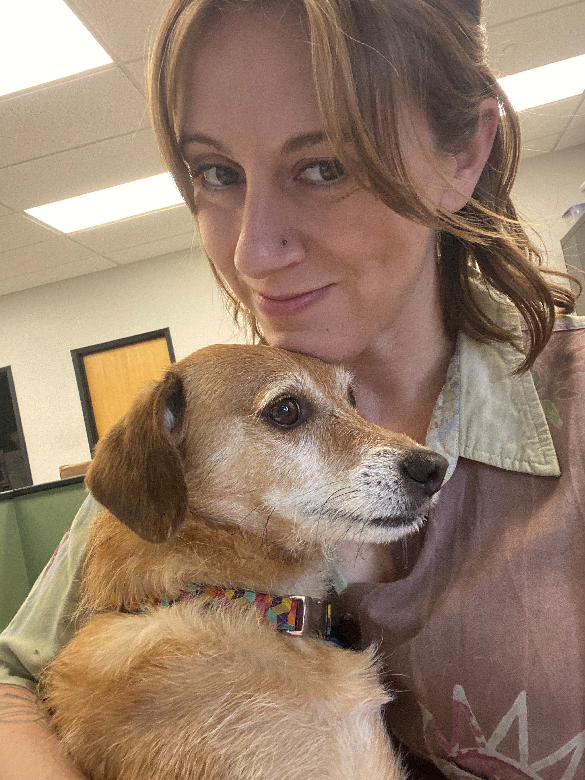 A girl sits with a dog in her lap at an office desk