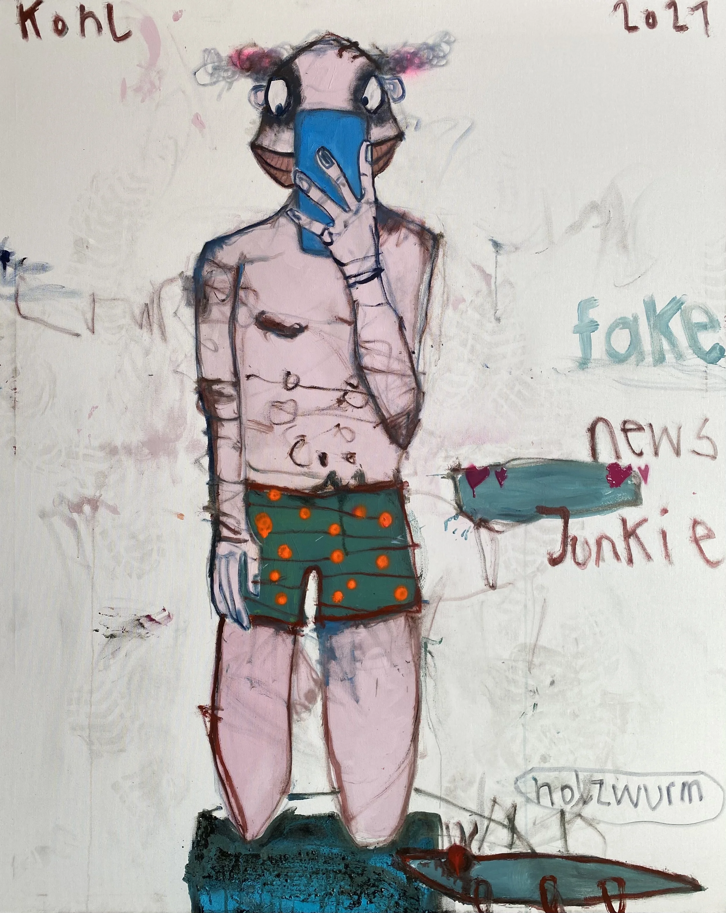Fake news Junkie, 2021. Mixed media on canvas – 150 x 120 cm.
