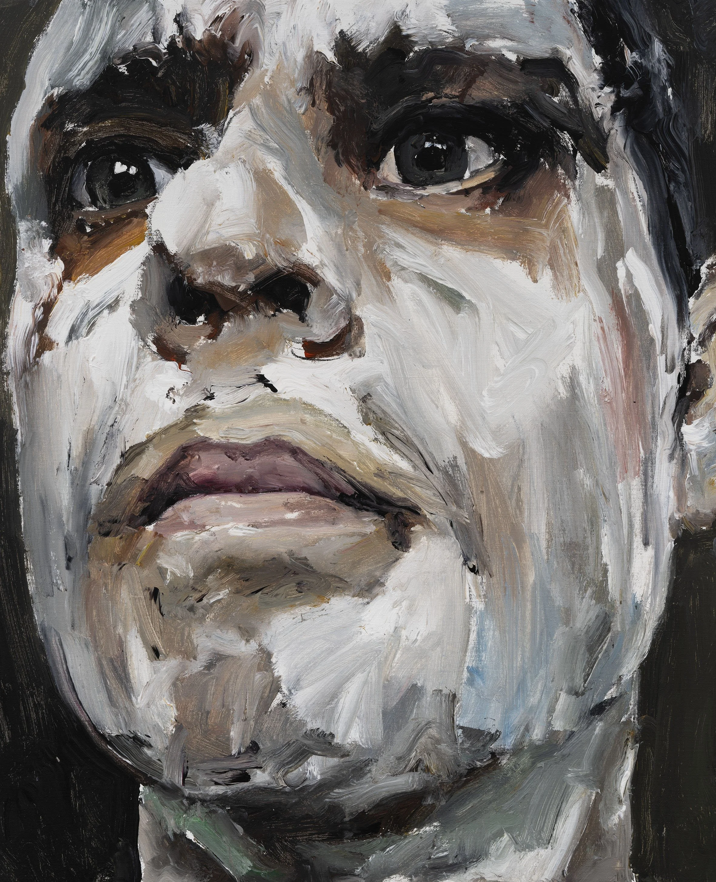Zoomed-in portrait of a face - very rugged brushstrokes mainly in white and brown with a black background - the man is looking upward. - Santiago Ydanez