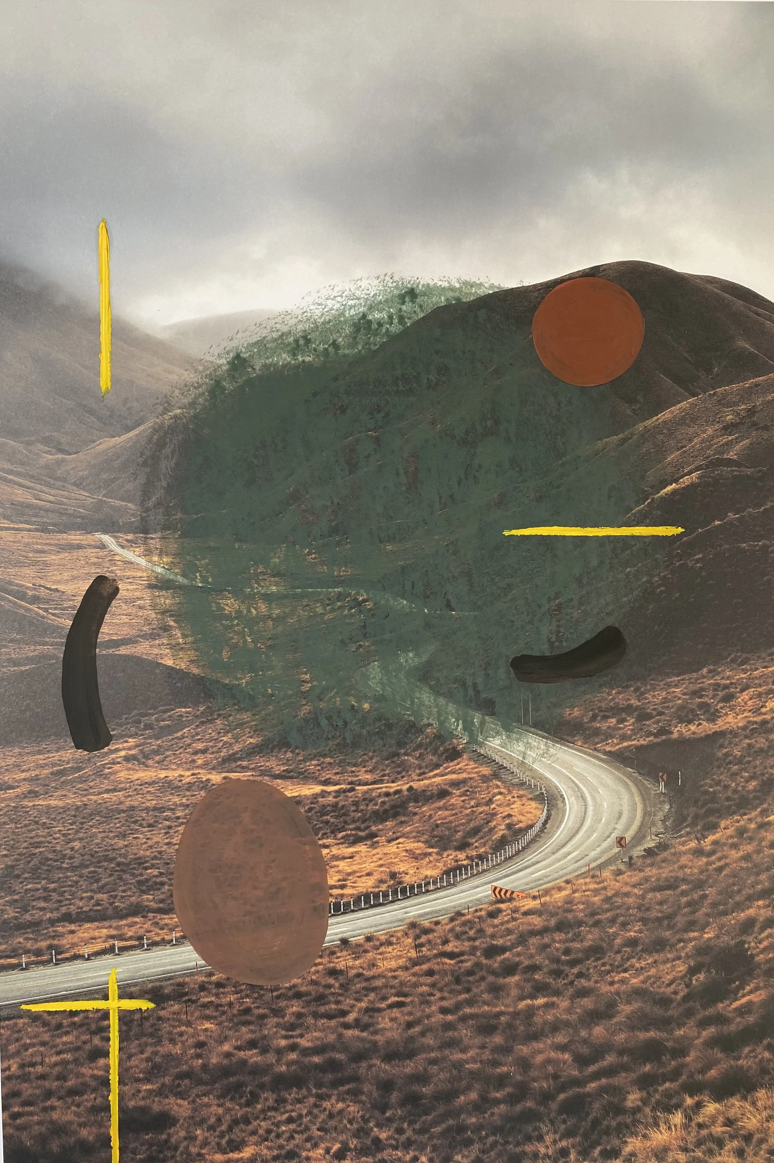Mixed media artwork with balanced brushstrokes and circles, depicting a winding road through a mountainous landscape. - Joke Hansen