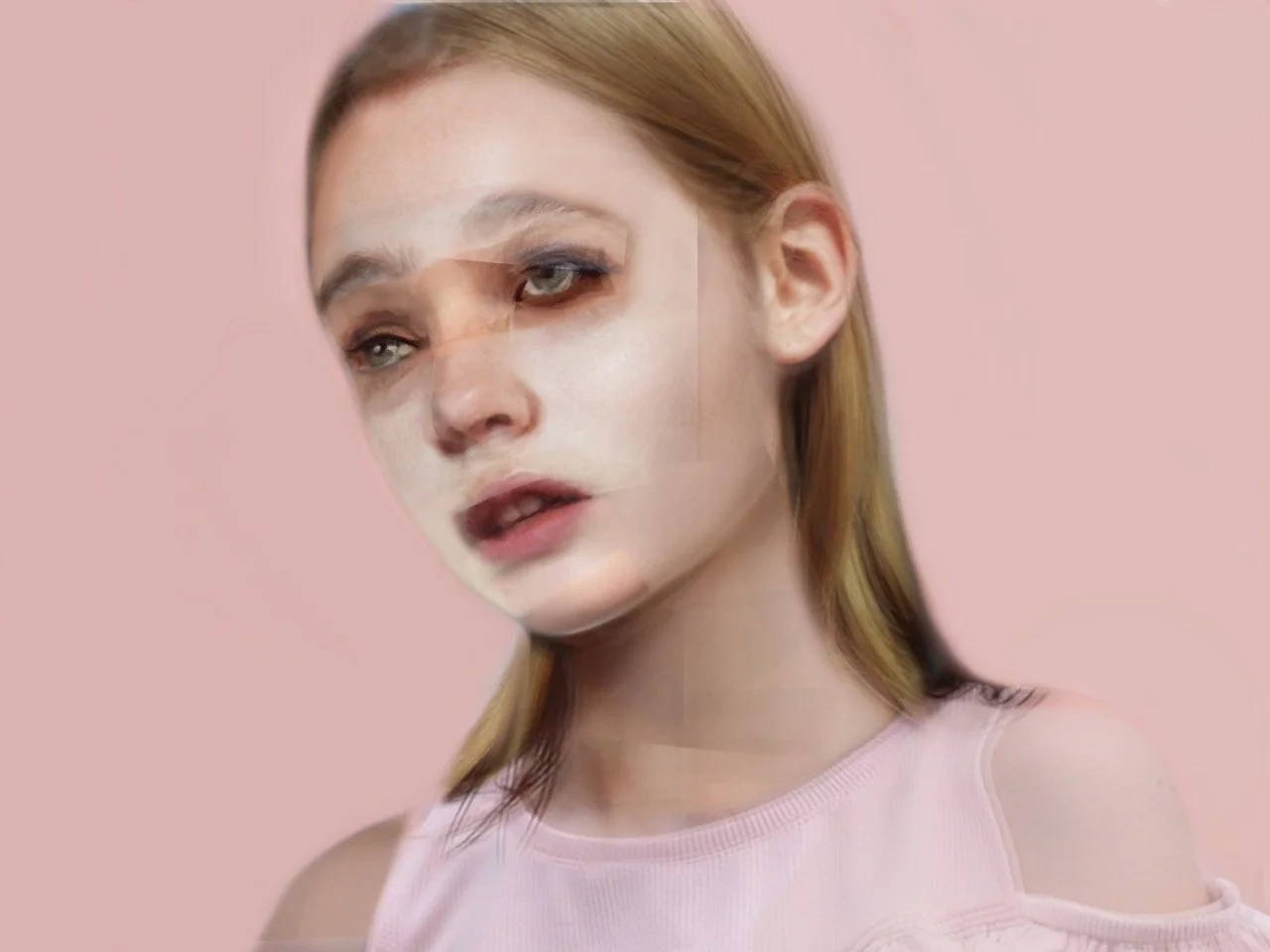 A portrait of a woman against a pink background, displaying a sad and scared expression. - Yolanda Dora