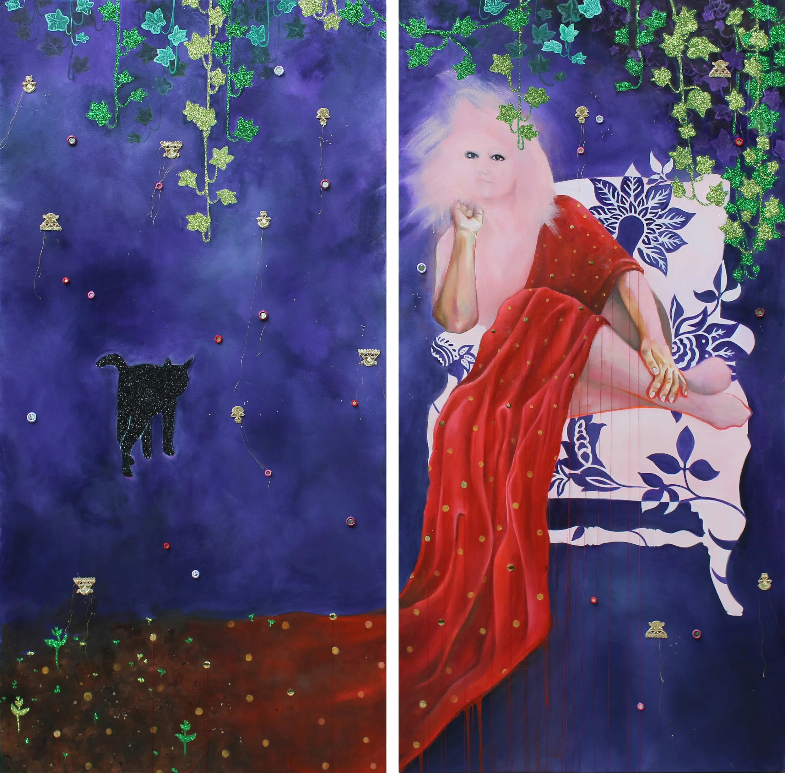 Springtime in Barzakh,
Oil paint, glitter, mica flake, thread, sequins, trims, shisha embroidery on canvas,
2 panels, 36" x 72",
2020.