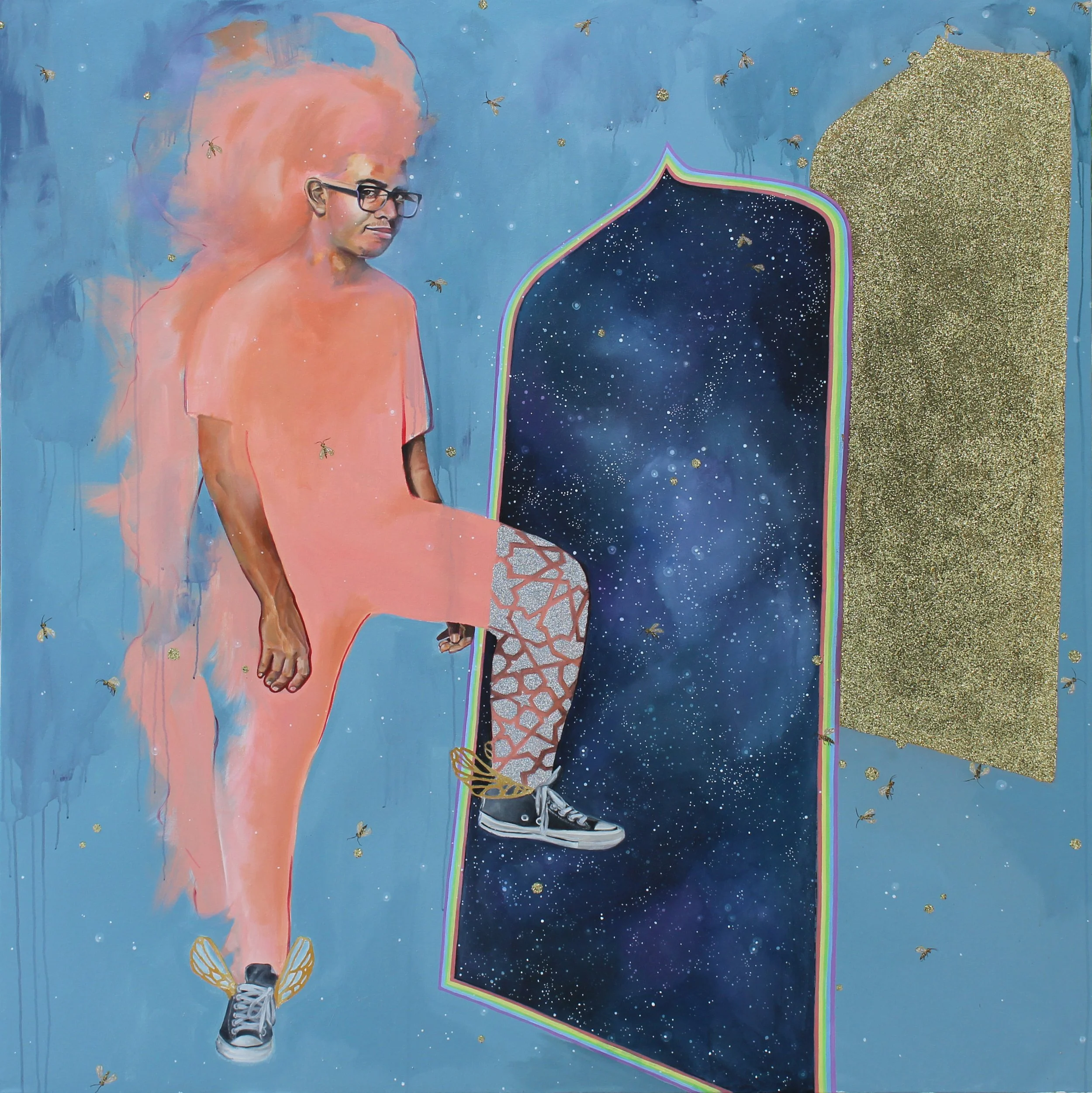 Borders/Portals (are so Gay),
Acrylic paint, oil paint, spray paint, gold leaf, glitter,
72” x 72”,
2020.