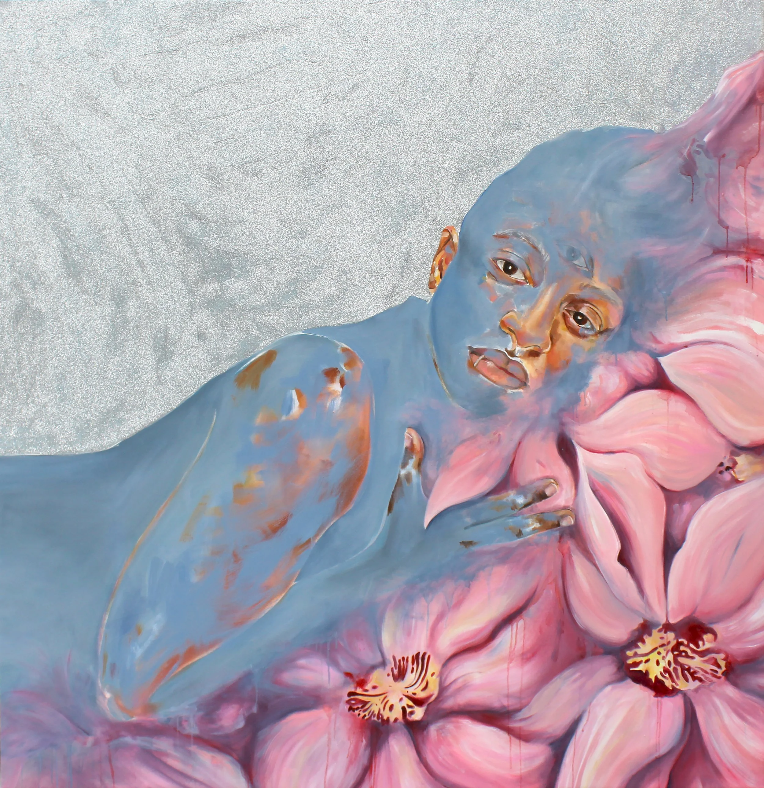 Interstitial Lush,
Oil paint and glitter on canvas,
68" x 66", 
2019.