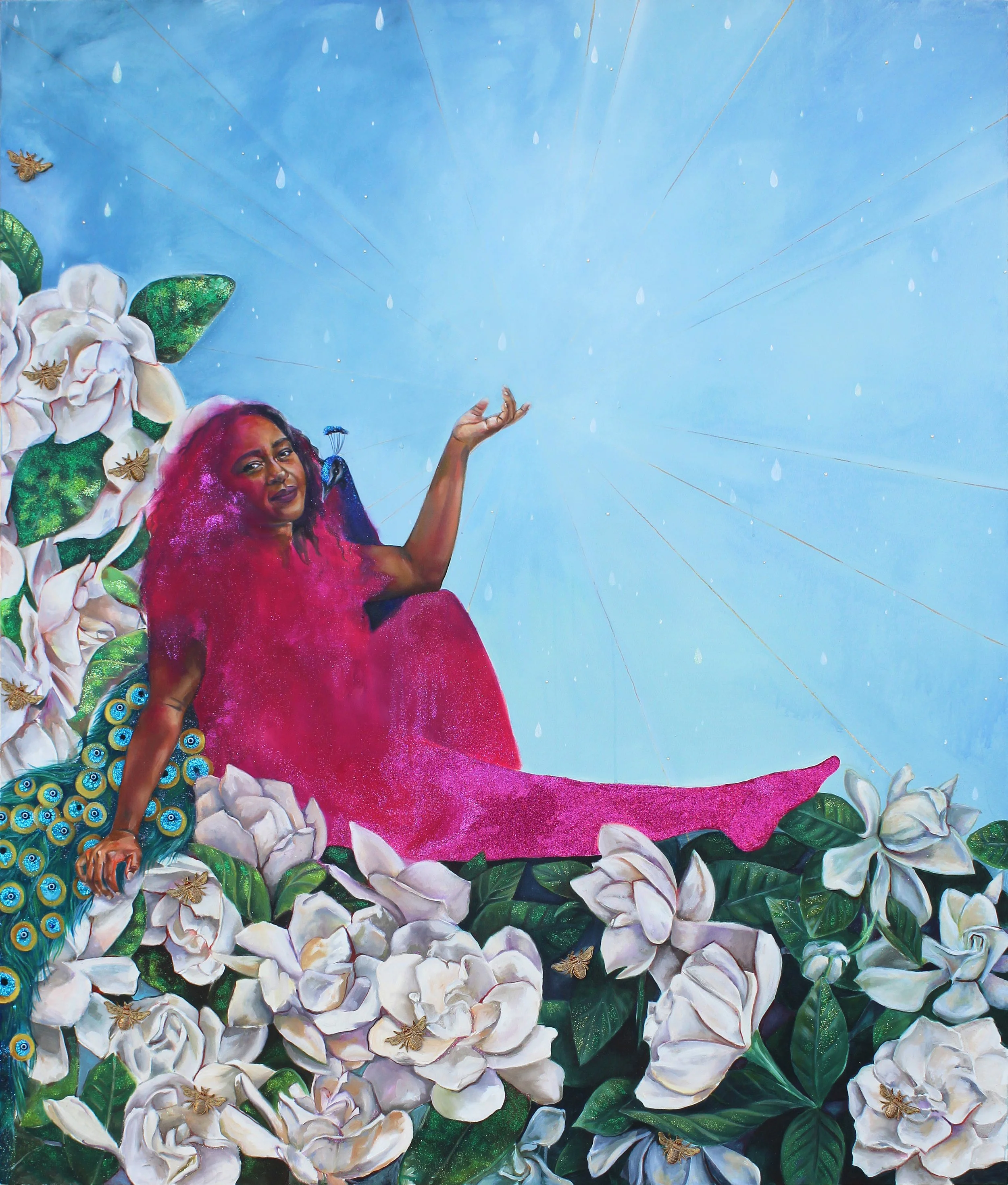 Honeyed Gardens Open,
Acrylic paint, oil paint, spray paint, glitter, rhinestones, nazar beads, appliques,
66" x 78",  2021.