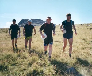 Nick, Eryk, Bill and Bryan descending from Esk Hause towards Seathwaite Fell.