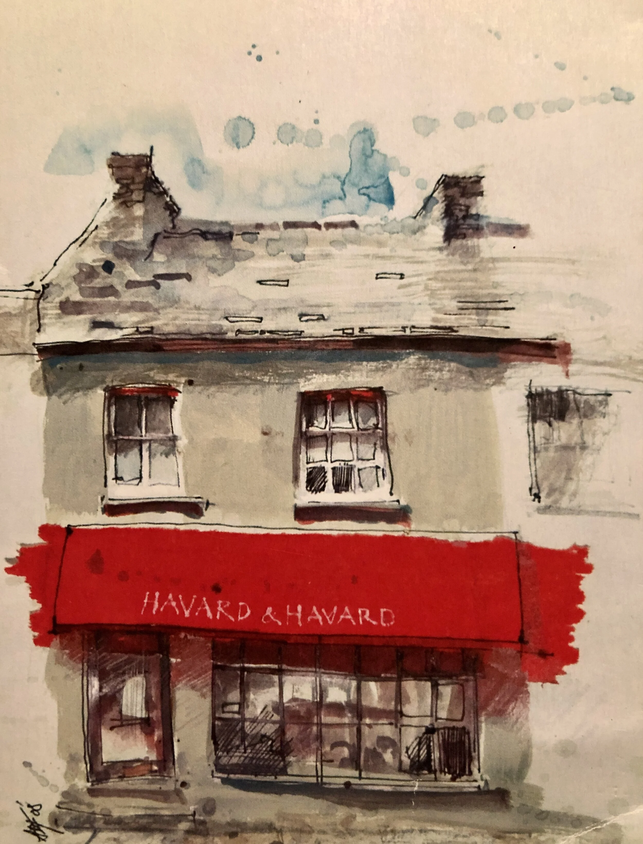 Watercolor sketch of an old building with three windows and a red awning that reads 'Havard & Havard'.