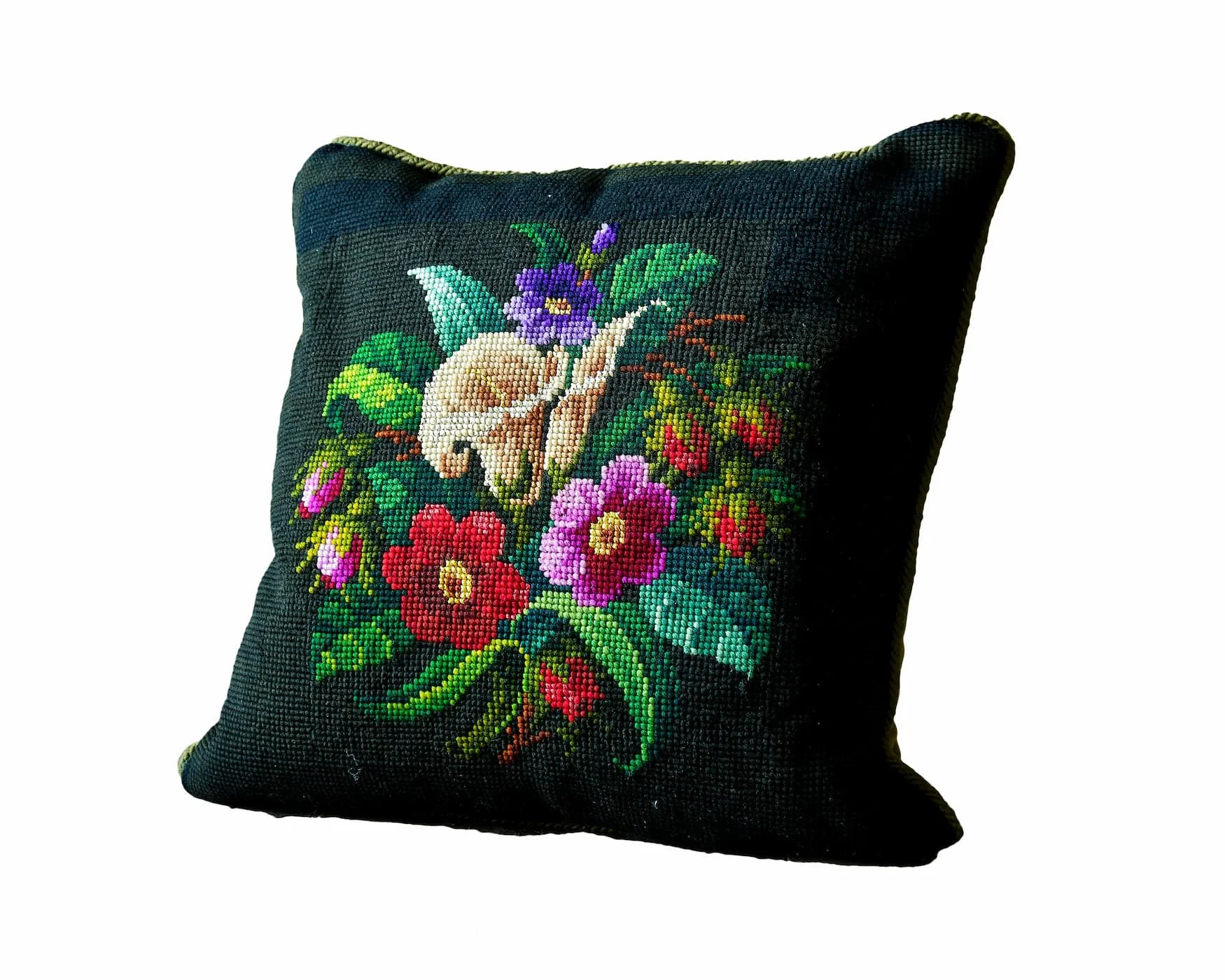 Brightly Coloured Victorian Wool and Silkwork Floral Panel Cushion