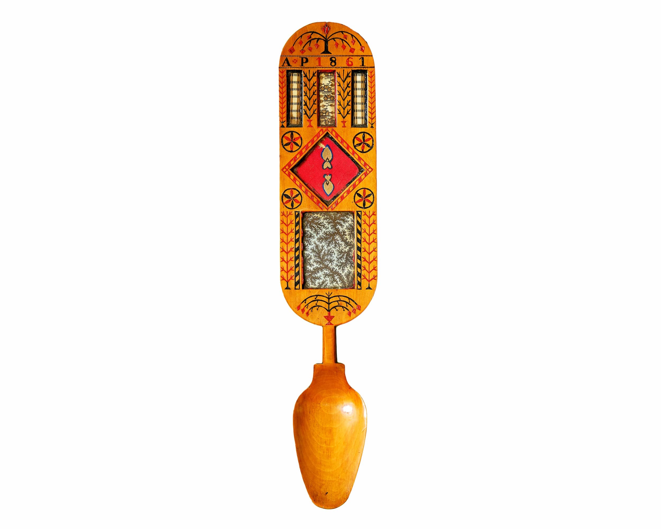 Rare, Large, Polychrome Wax-decorated, Initialled and Dated Welsh Lovespoon c.1861