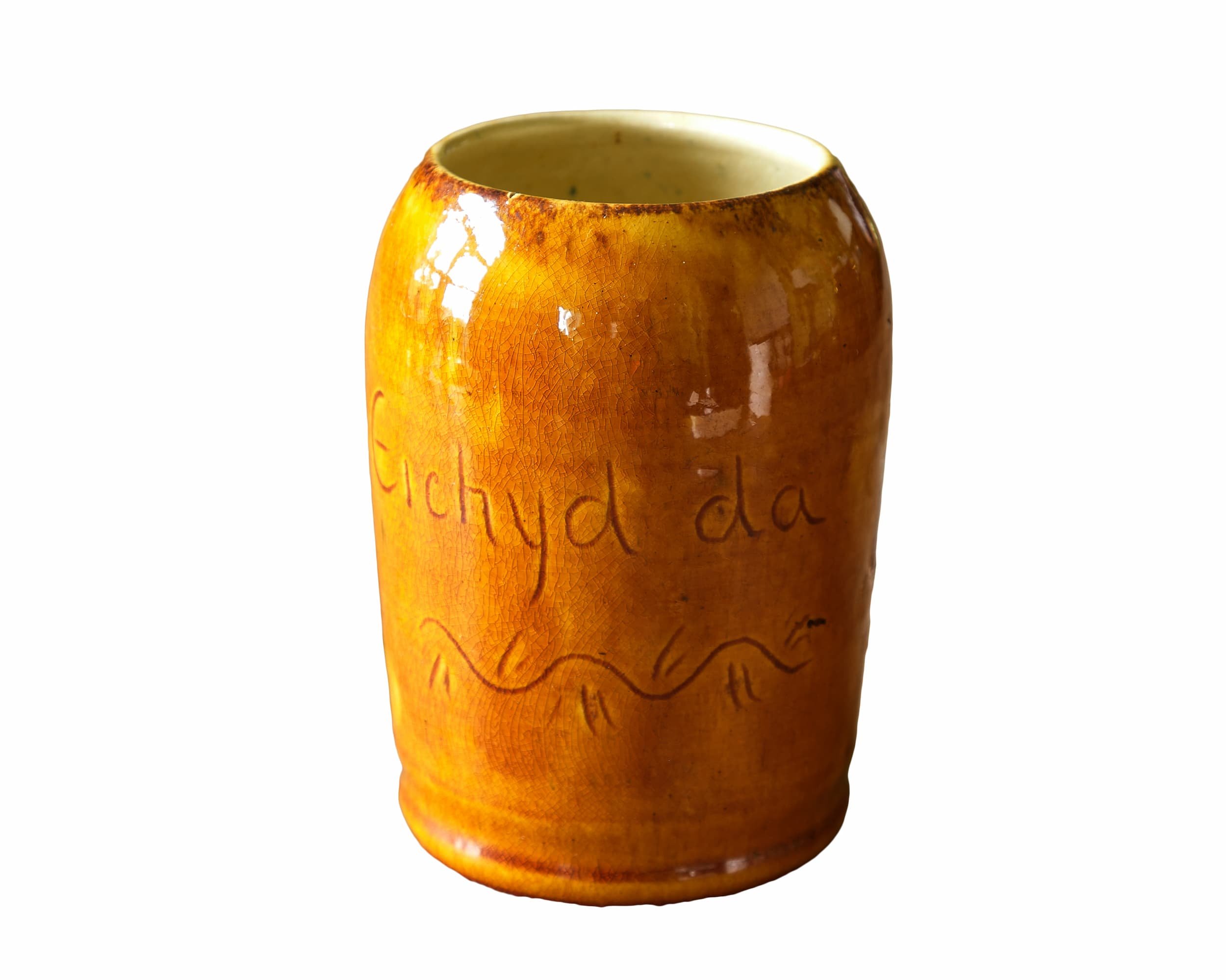 Ewenny Pottery Beer Mug Inscribed with Motto "Eichyd da" (Good health)