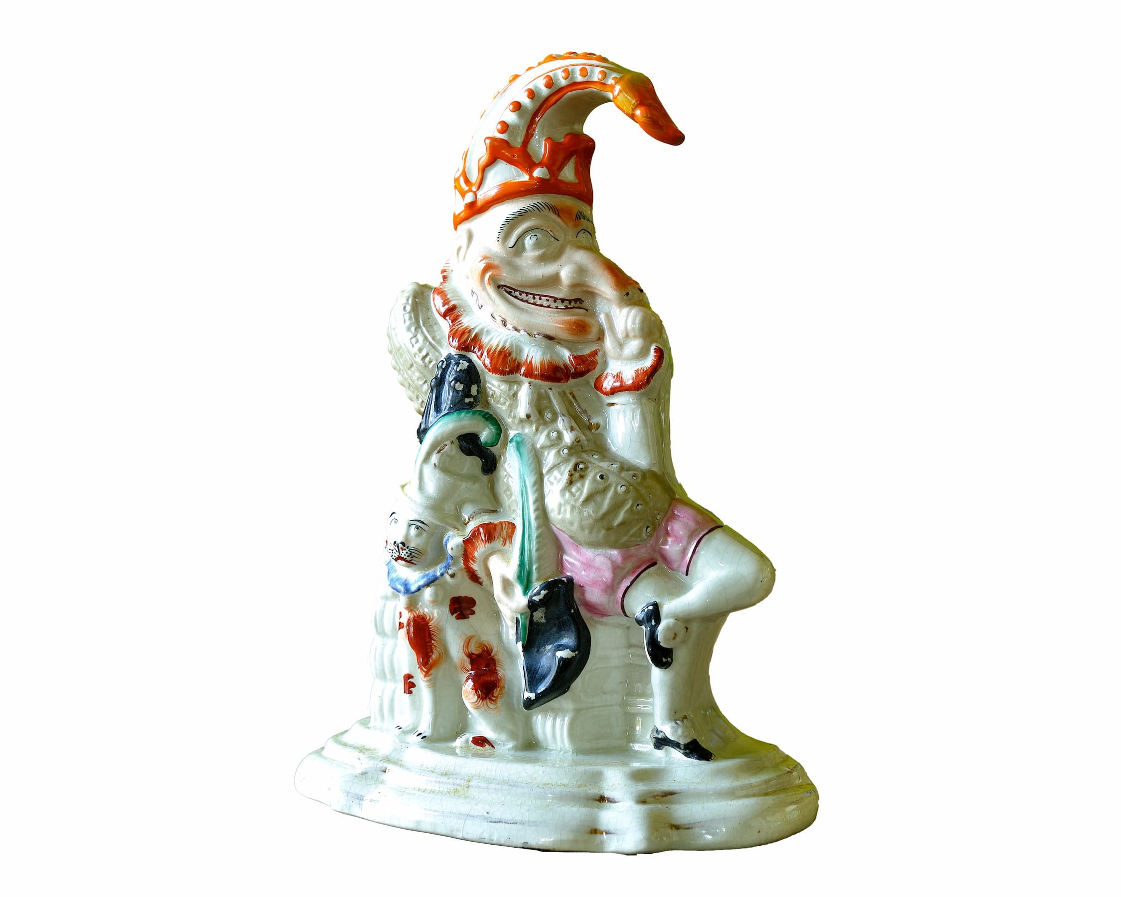 Staffordshire Pottery Flatback Figure of Mr Punch and Dog Toby
