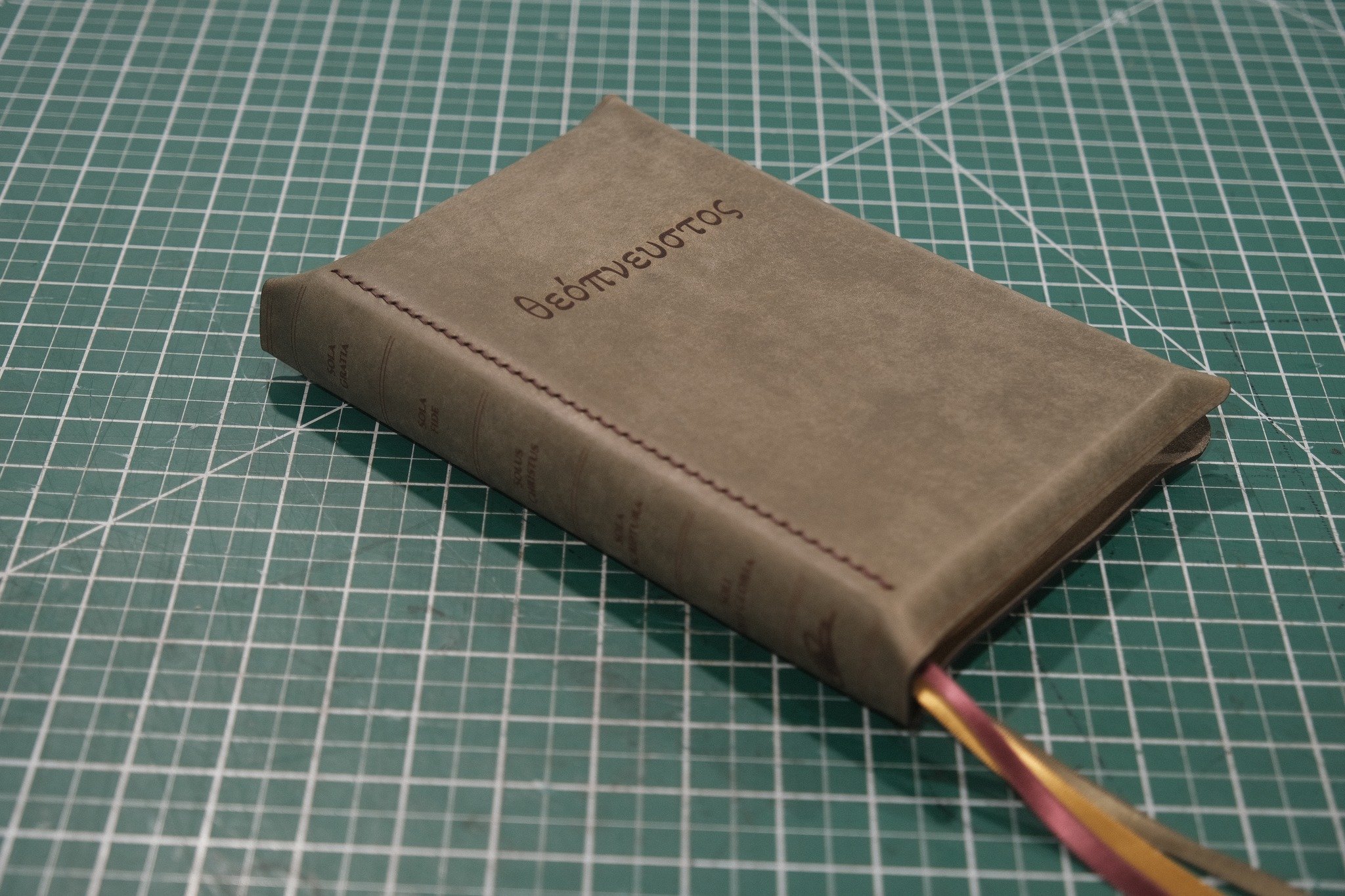 The Sofield ESV Creeds &amp; Confessions Theopneustos Premium Bible in Grey is now available.

This build is bound in Badalassi Carlo Pueblo Steel Grey, stitched with Beetroot Red Ritza Tiger Thread, and finished with three ribbons in Burgundy, Antiq