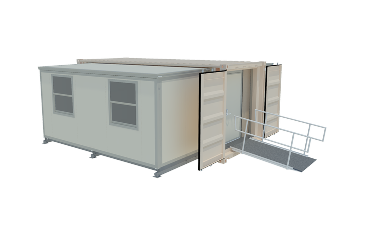 Rendering of the opened C-FORTS 96 containerized fold-out shelter