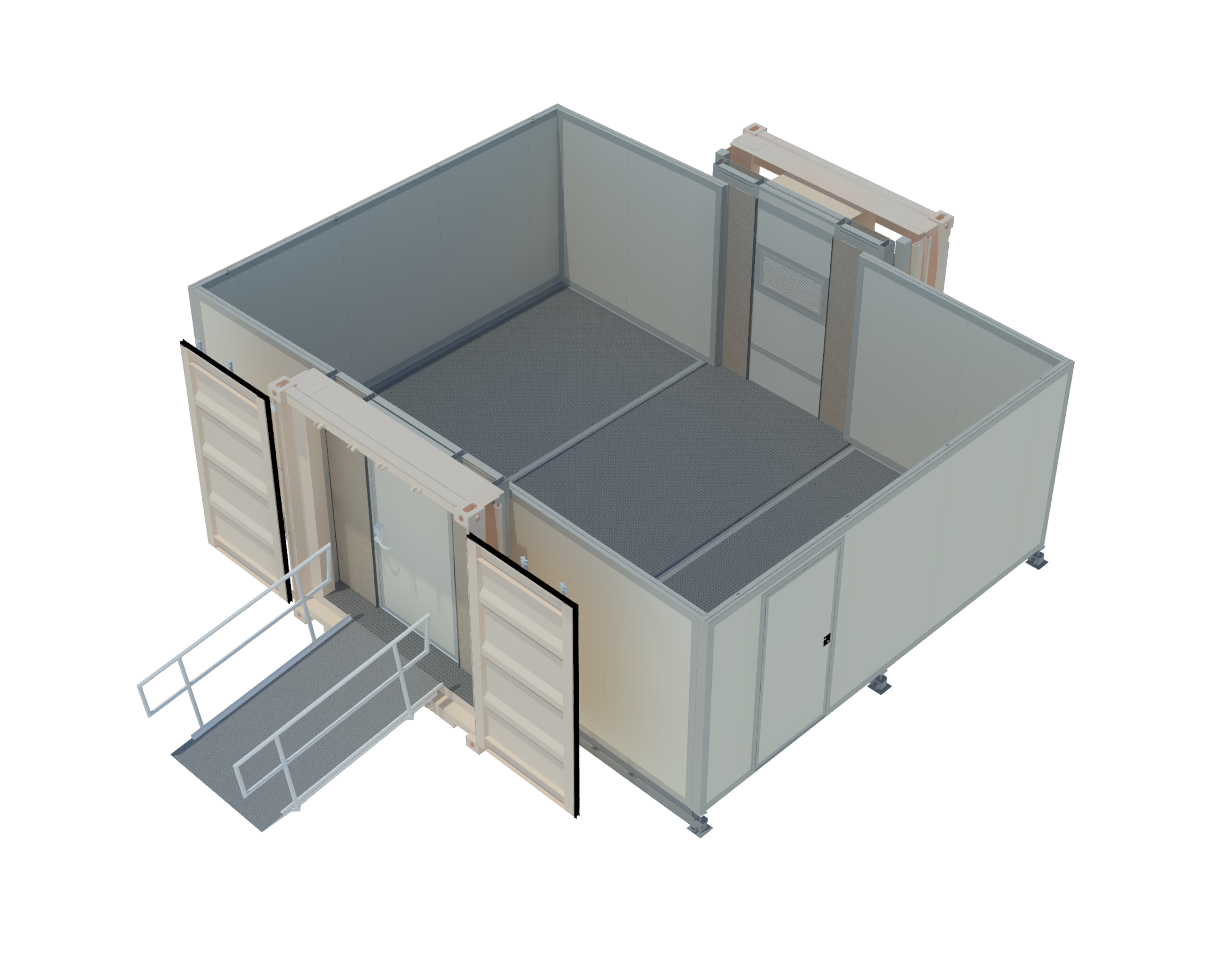 3D rendering of a modular cleanroom or laboratory enclosed space with entry ramp and multiple interior sections