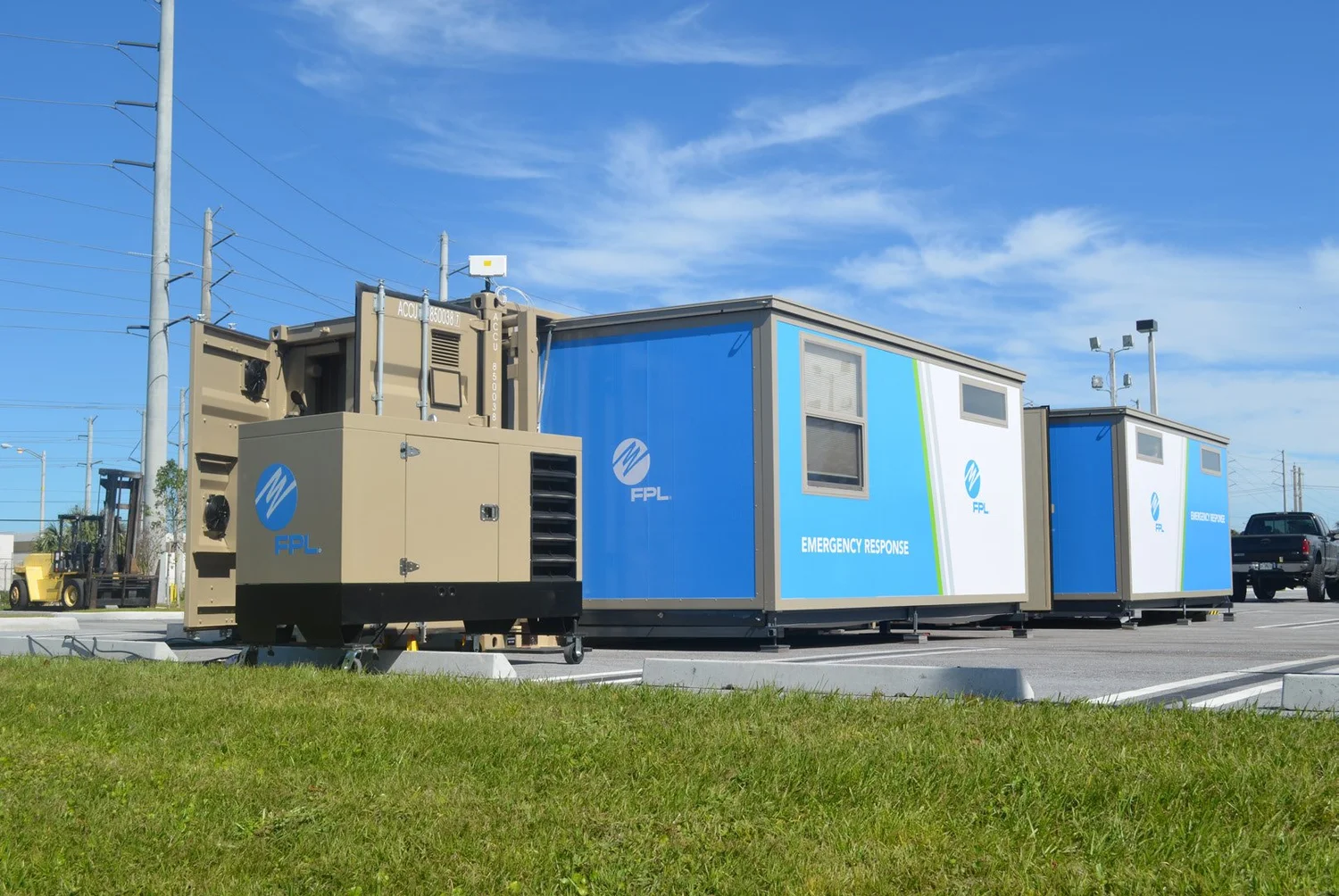 FORTS shelters with FPL emergency-response branding and generator equipment, pictured in the Command Center brochure