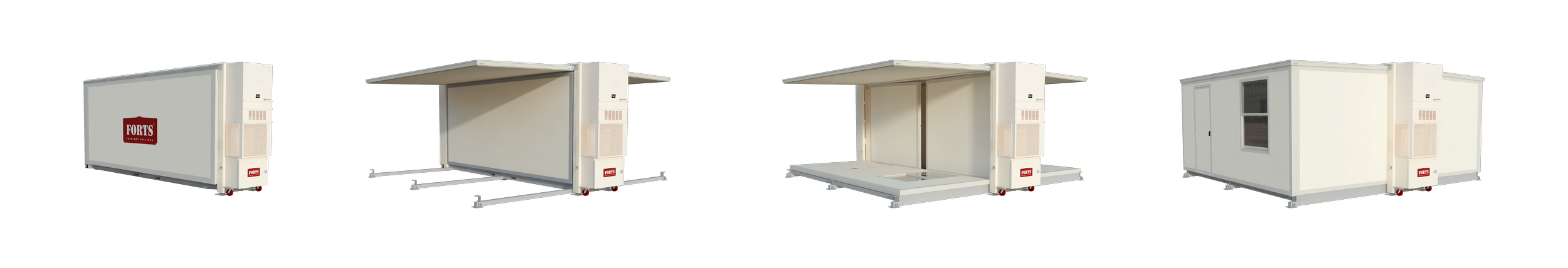 Modular portable container units with white exterior, some with windows, connected by metal frames, used for temporary construction or storage.