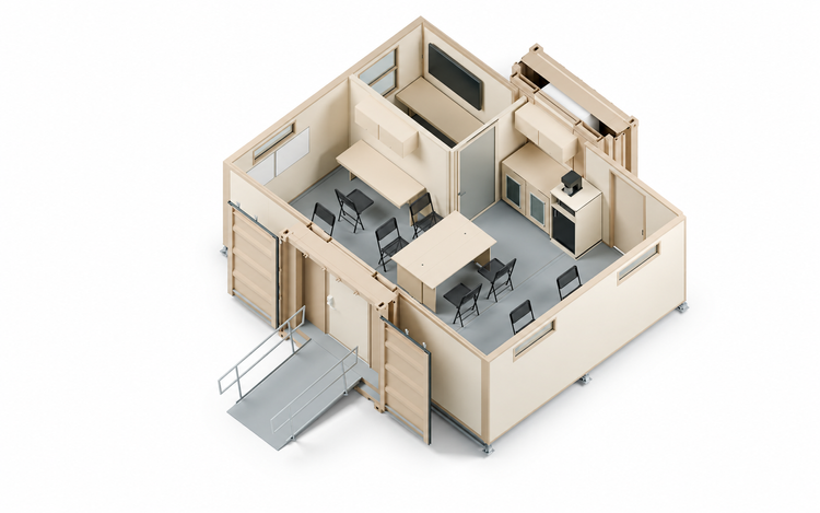 Cutaway rendering of a FORTS command shelter with work tables, a separate meeting room, kitchenette and access ramp