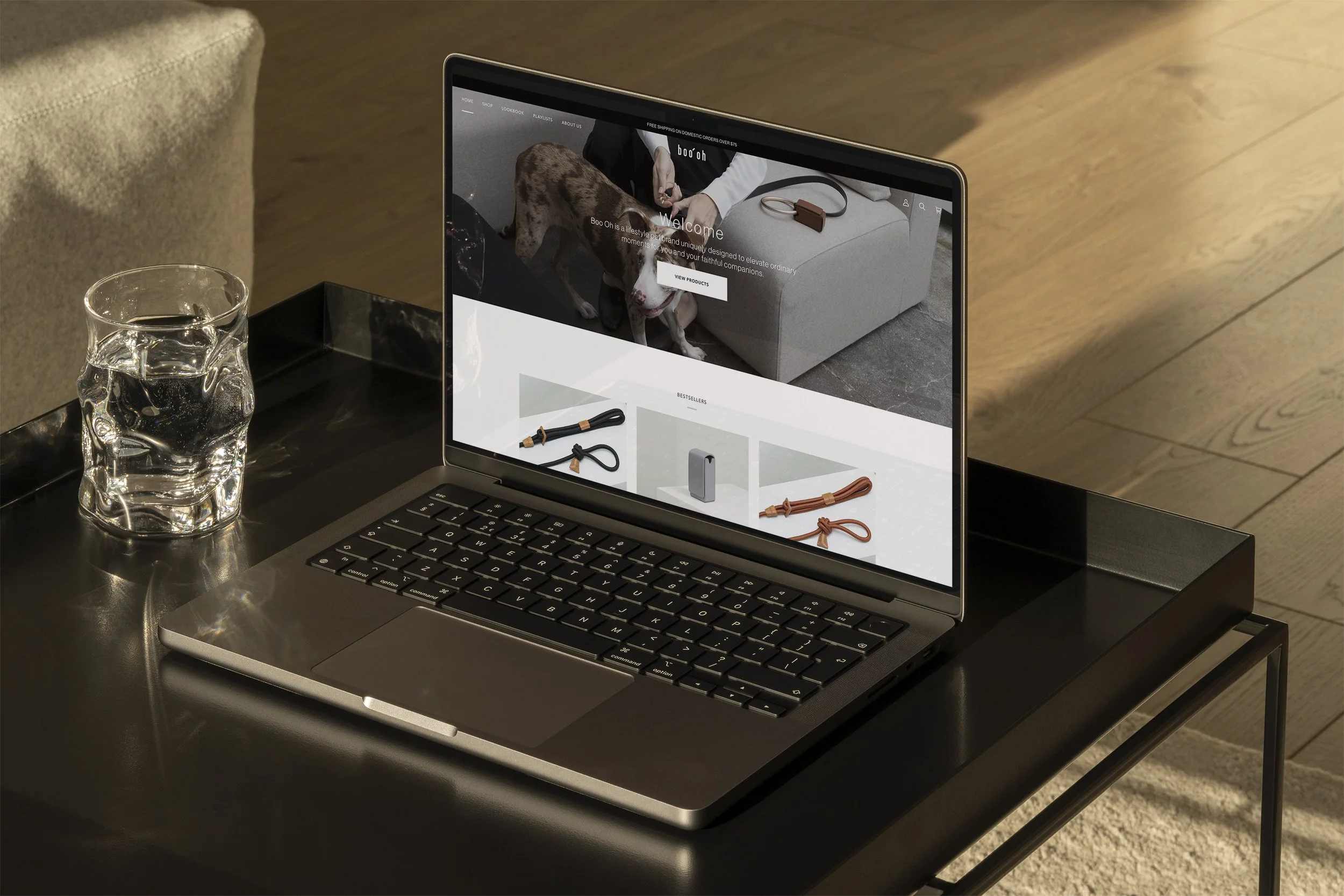 Custom Shopify homepage design for Boo Oh luxury dog accessories brand displayed on MacBook mockup.