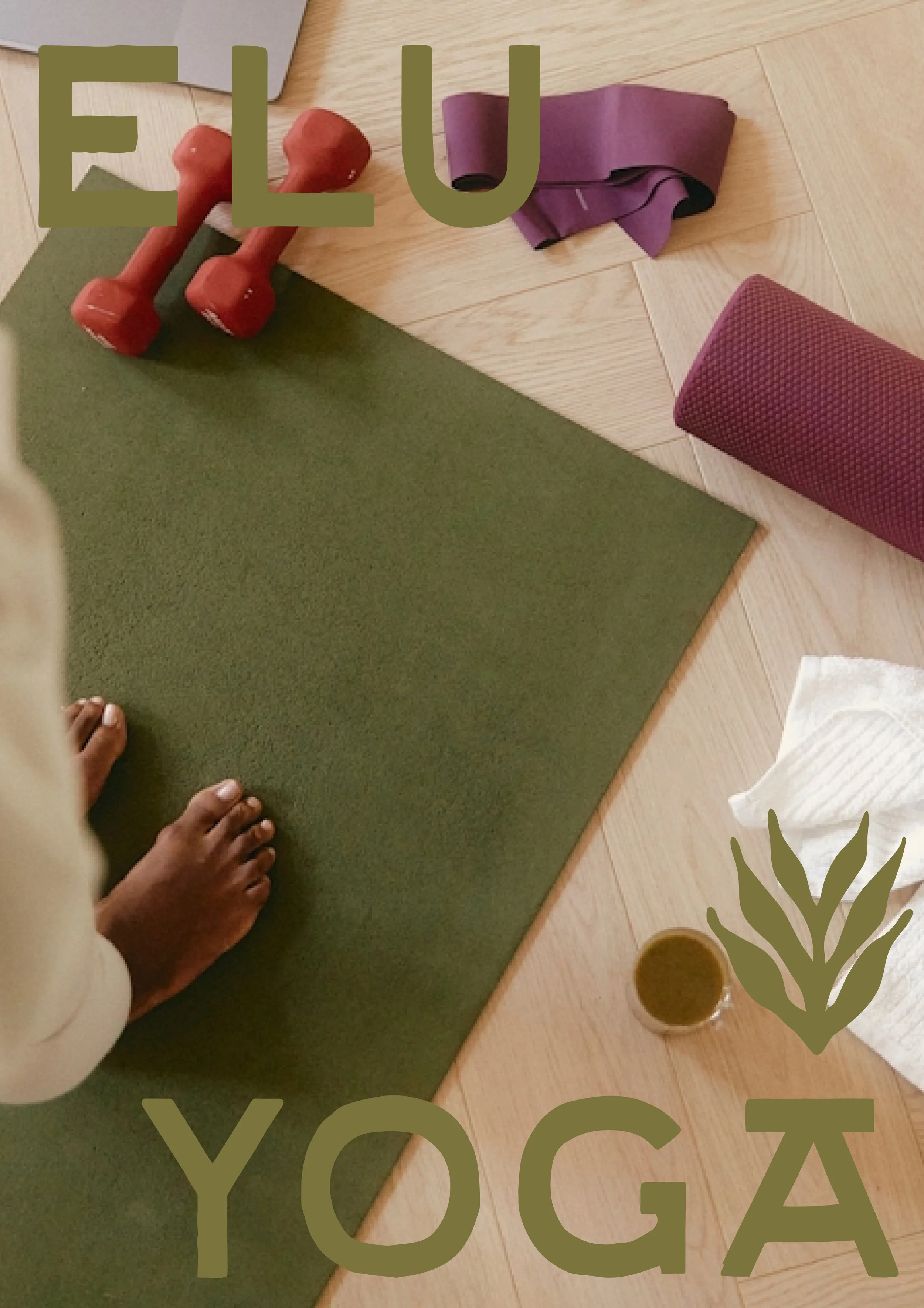 Elu Yoga logo applied to close-up yoga details including mat and weights.