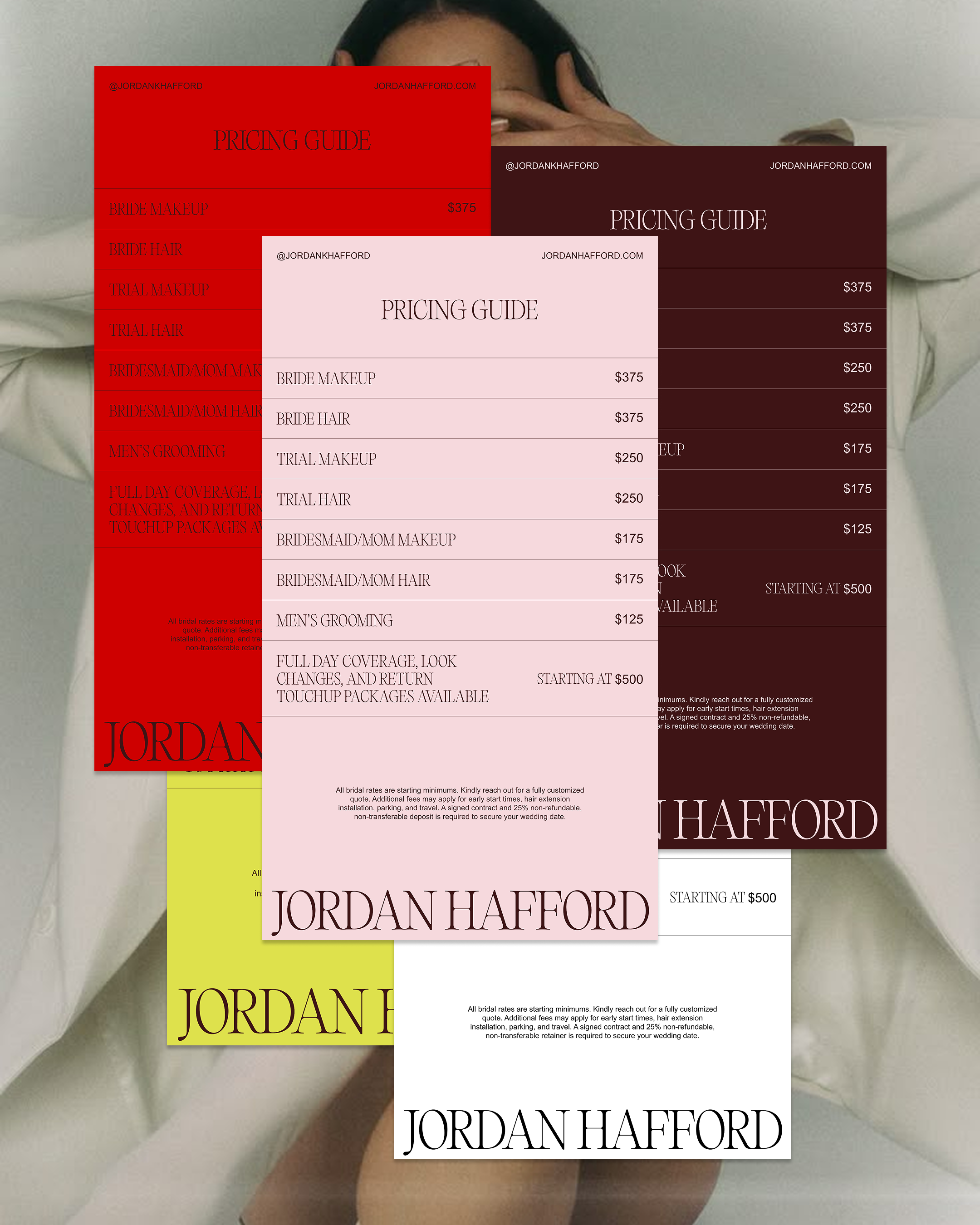 Pricing guide design for Jordan Hafford with editorial layout and elevated beauty brand typography