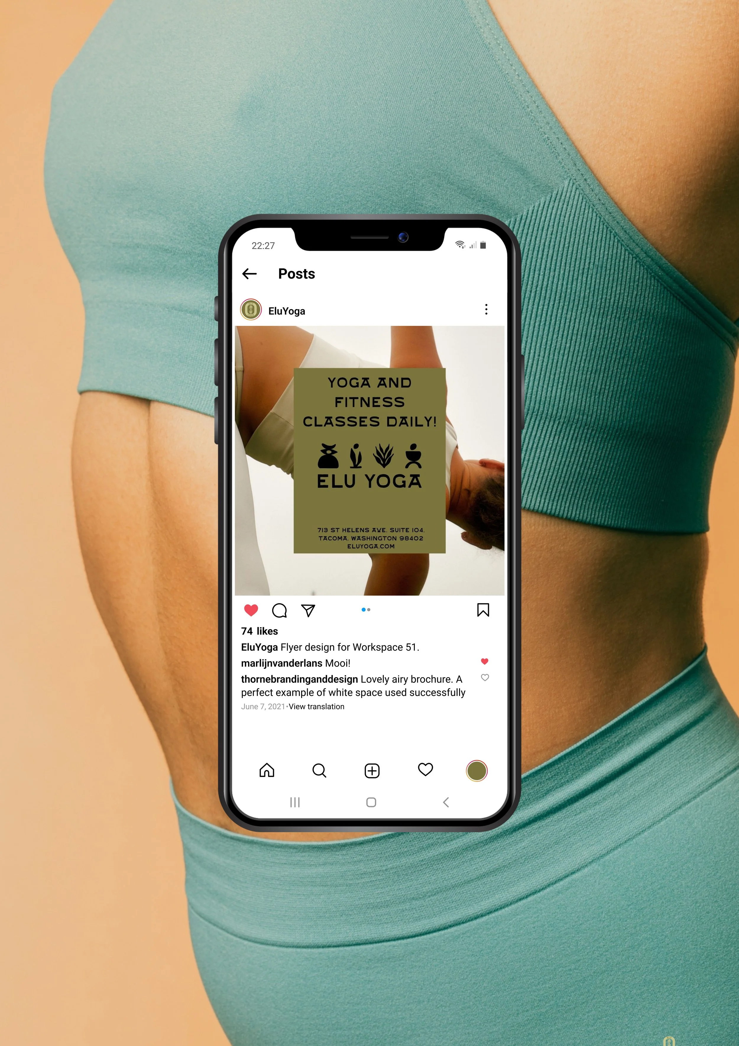 Branded Instagram template design for Elu Yoga wellness studio displayed on iPhone mockup.