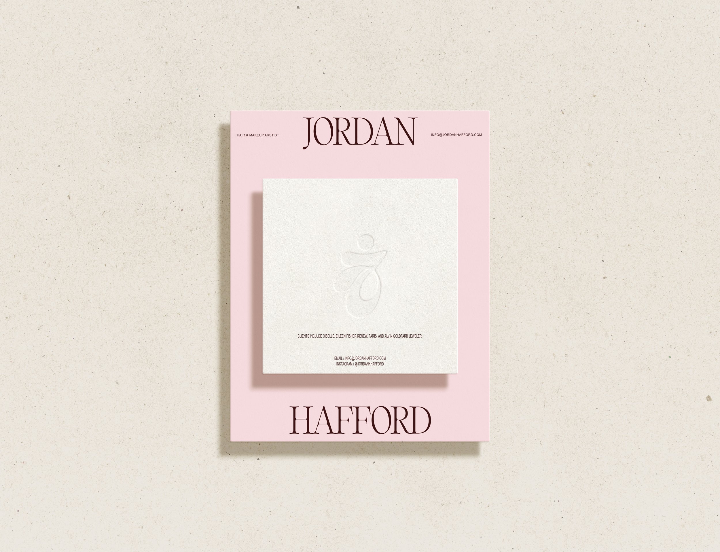 Luxury brand collateral for Jordan Hafford including embossed stationery and refined typography design