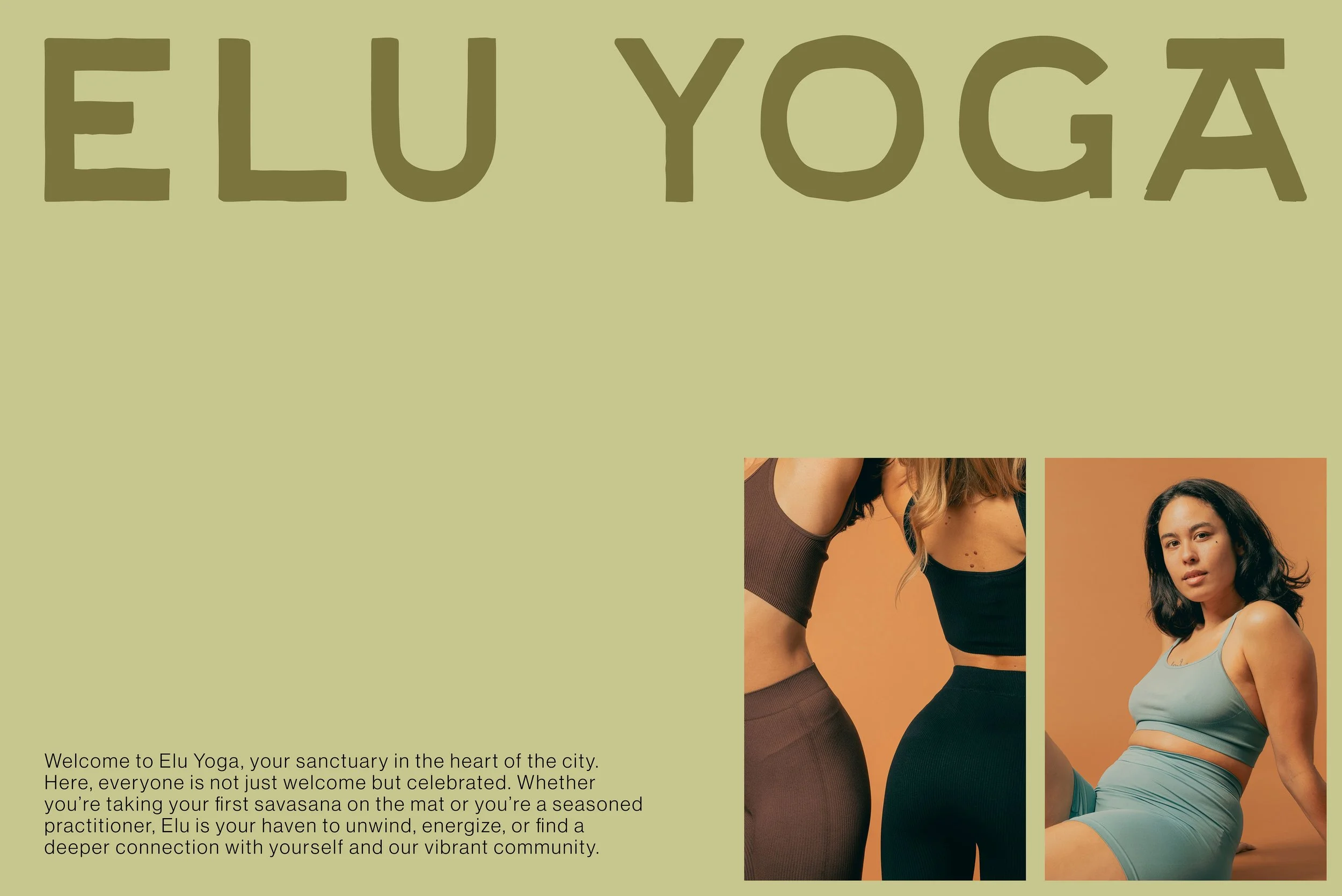Brand identity presentation layout for Elu Yoga project including logos and color palette.
