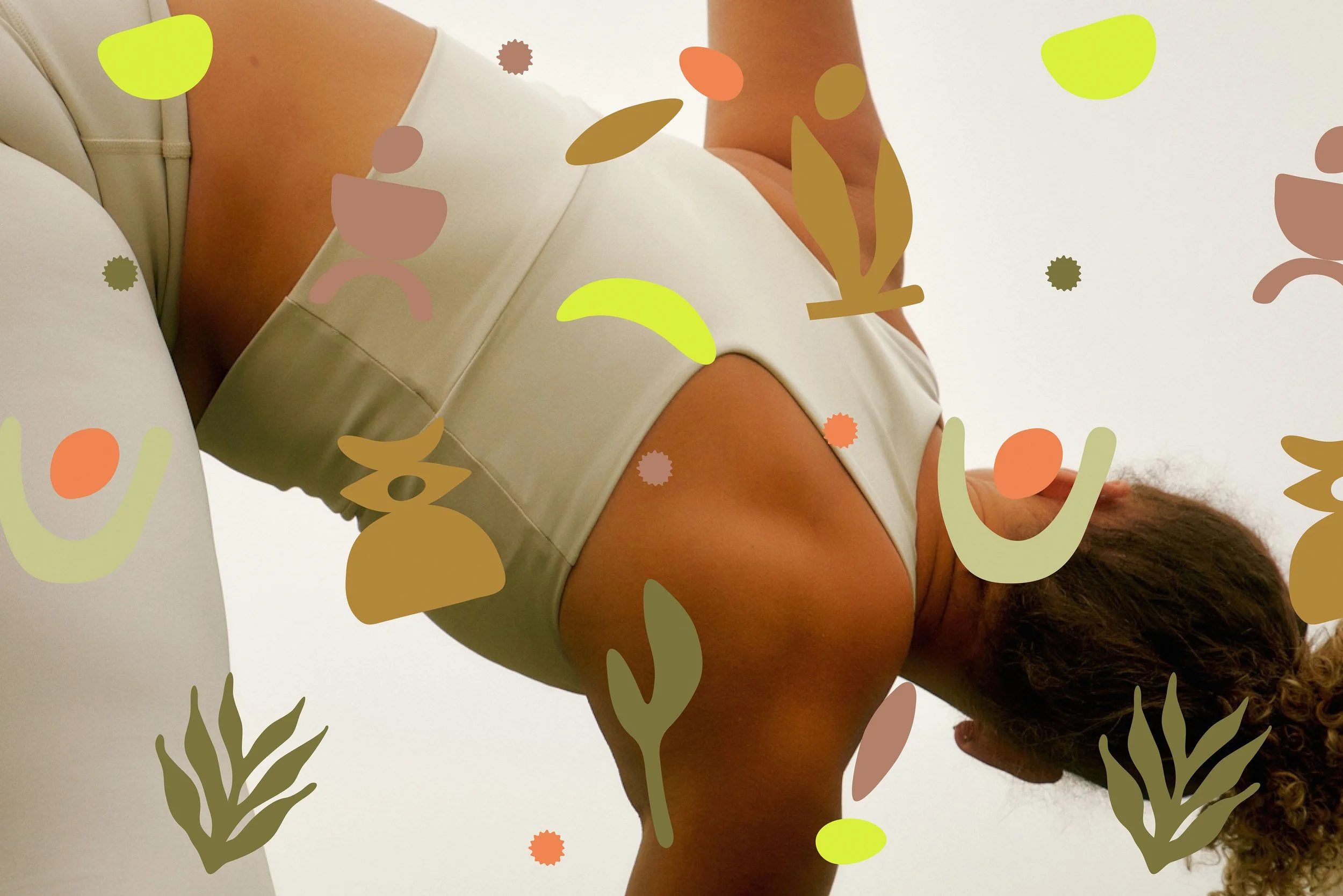 Custom brand pattern for Elu Yoga overlaid on photography of woman practicing yoga.