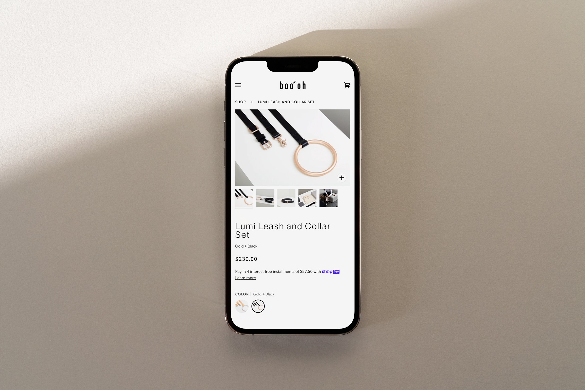 Mobile product page design for Boo Oh e-commerce Shopify site shown on iPhone mockup.