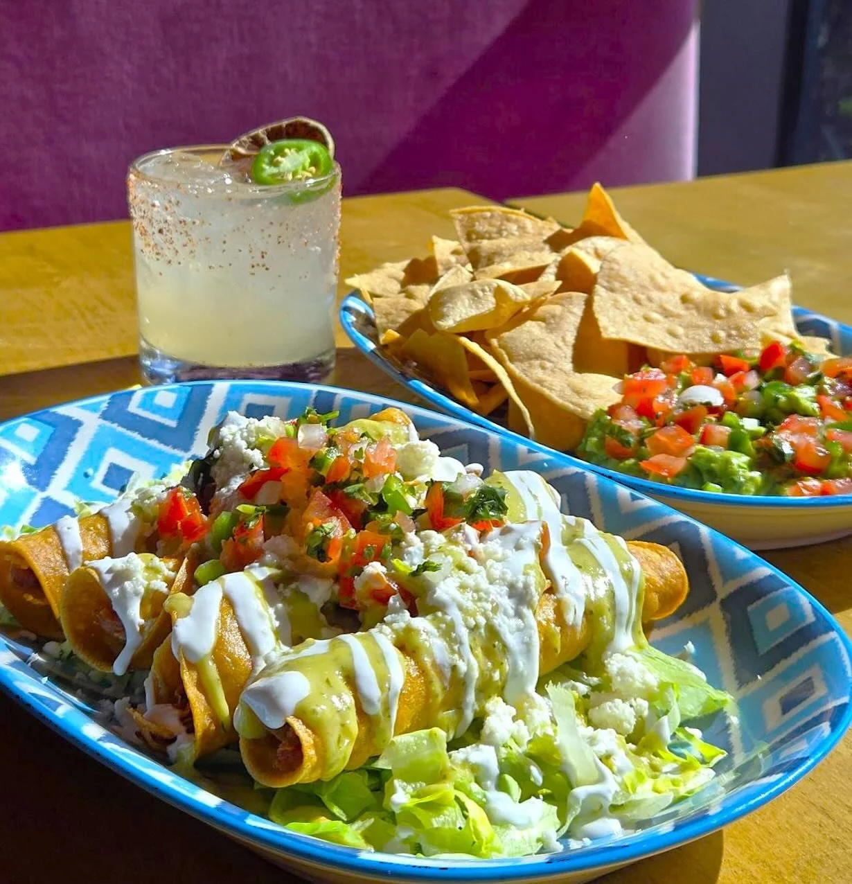 It&rsquo;s officially Happy Hour! New and now: Chicken &amp; Corn Flautas with Avocado Crema  and Chips &amp; Guac!!!