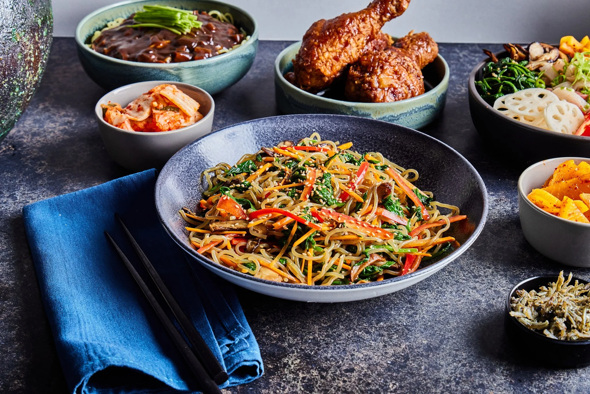 korean dishes arrayed on a table