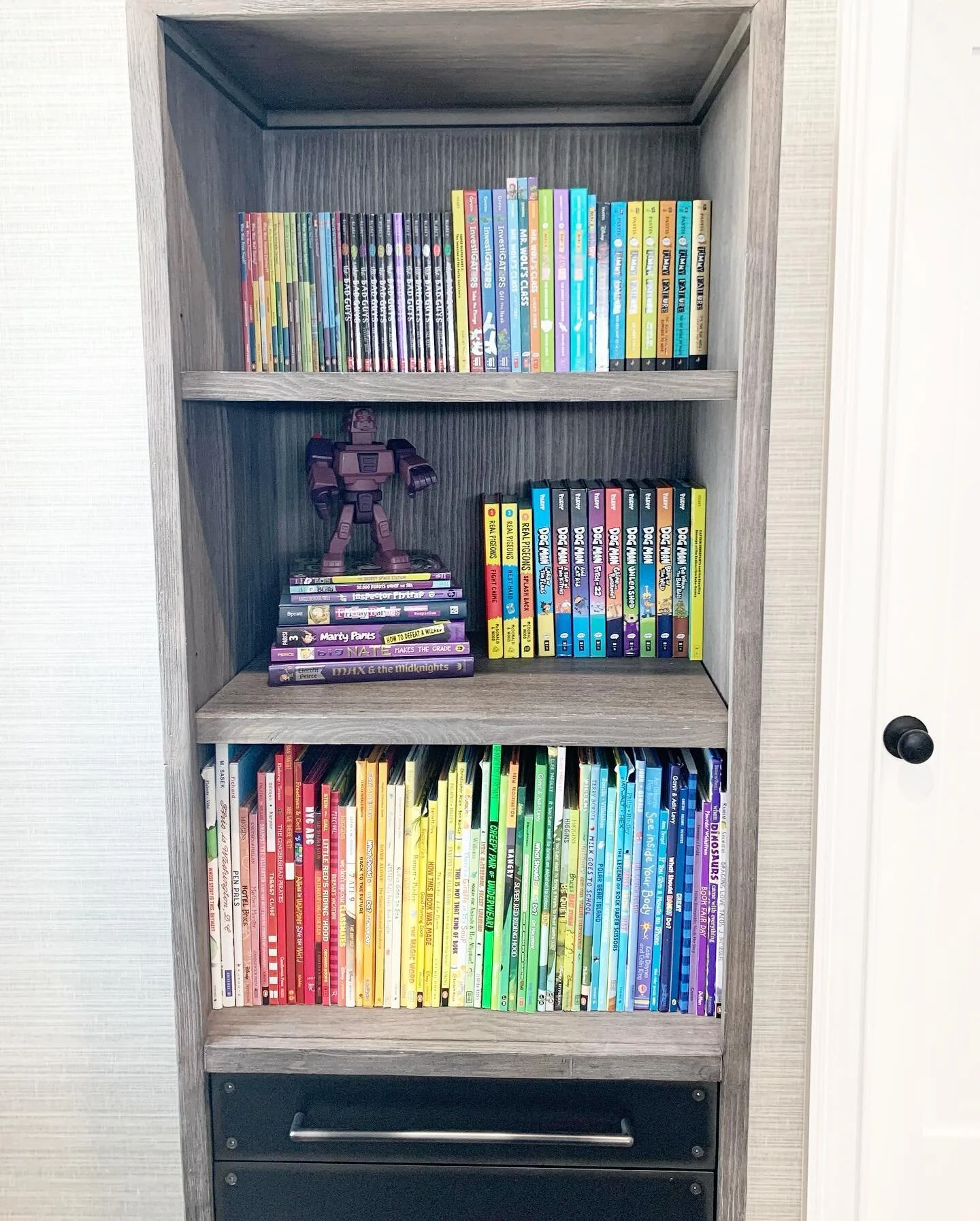 Creating balance with books
❤️💛🧡💚💙💜

For this little reader, book shelves were a must!

Incorporating some favorite toys is a great way to add more color &amp; dimension to the display. 🦖

#homeorganzing 
#homeorganizer 
#books #bookdisplay 
#c