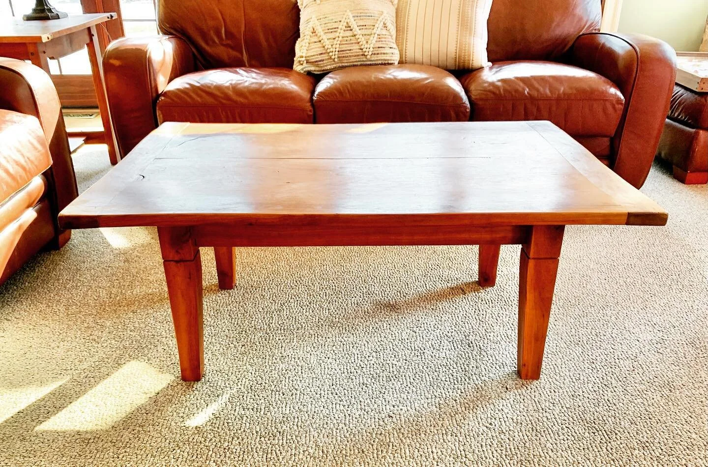 ▪️Rich Cherry coordinating tables
 
Both tables are made from a black cherry tree cut down from our property 33 yrs ago. It was stored and dried for 6 yrs.
 
Coffee Table-
The coffee table was designed to look like an aged, 200 yr old table. The bend