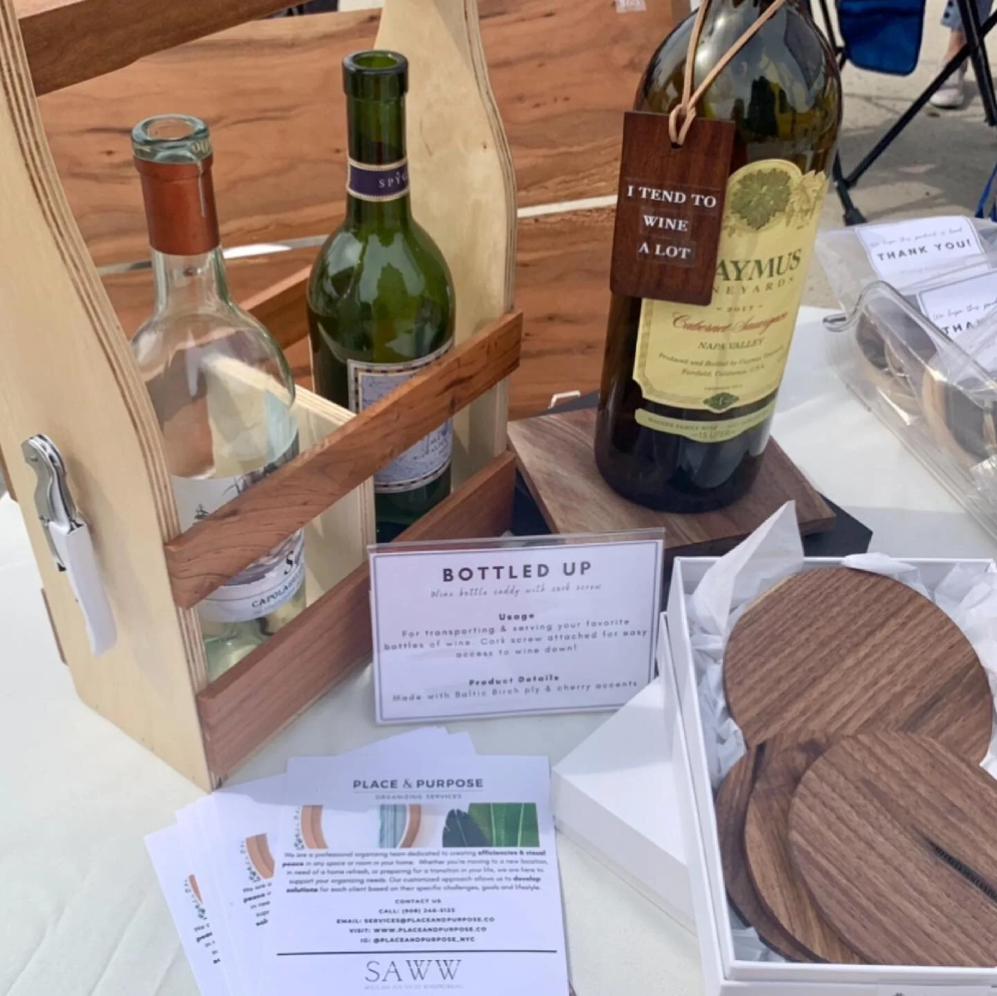 Awesome weekend showing our newest product line at @greenpointterminalmarket !!

Handmade trays, wine caddys, beer caddys, coasters, tables, &amp; more. ✨

Place &amp; Purpose x SAWW

All of the items are designed &amp; handmade by myself and @saww_n