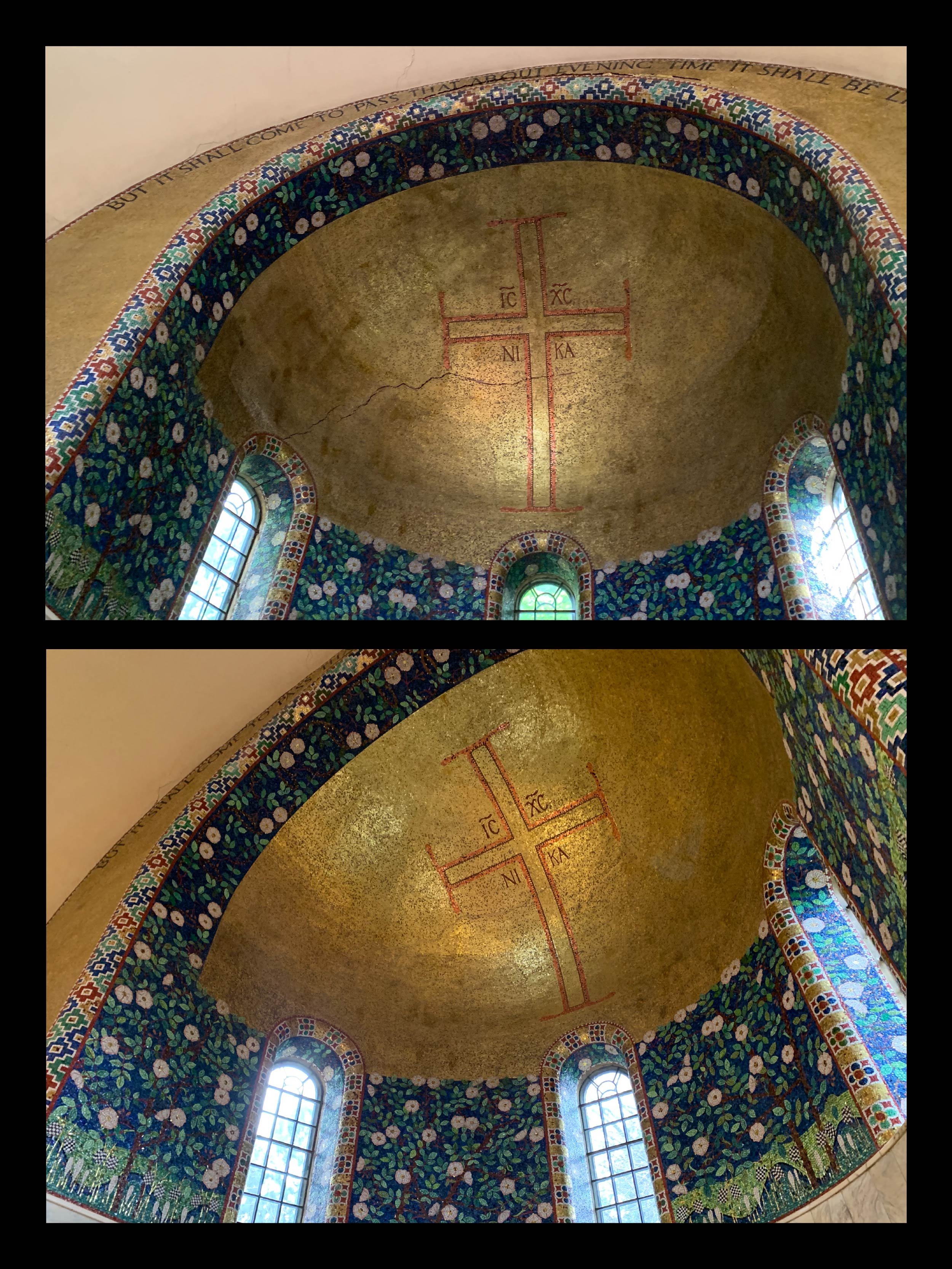 Mosaic artwork inside a church featuring a golden dome with a red Greek cross in the center and decorative floral patterns around stained glass windows.